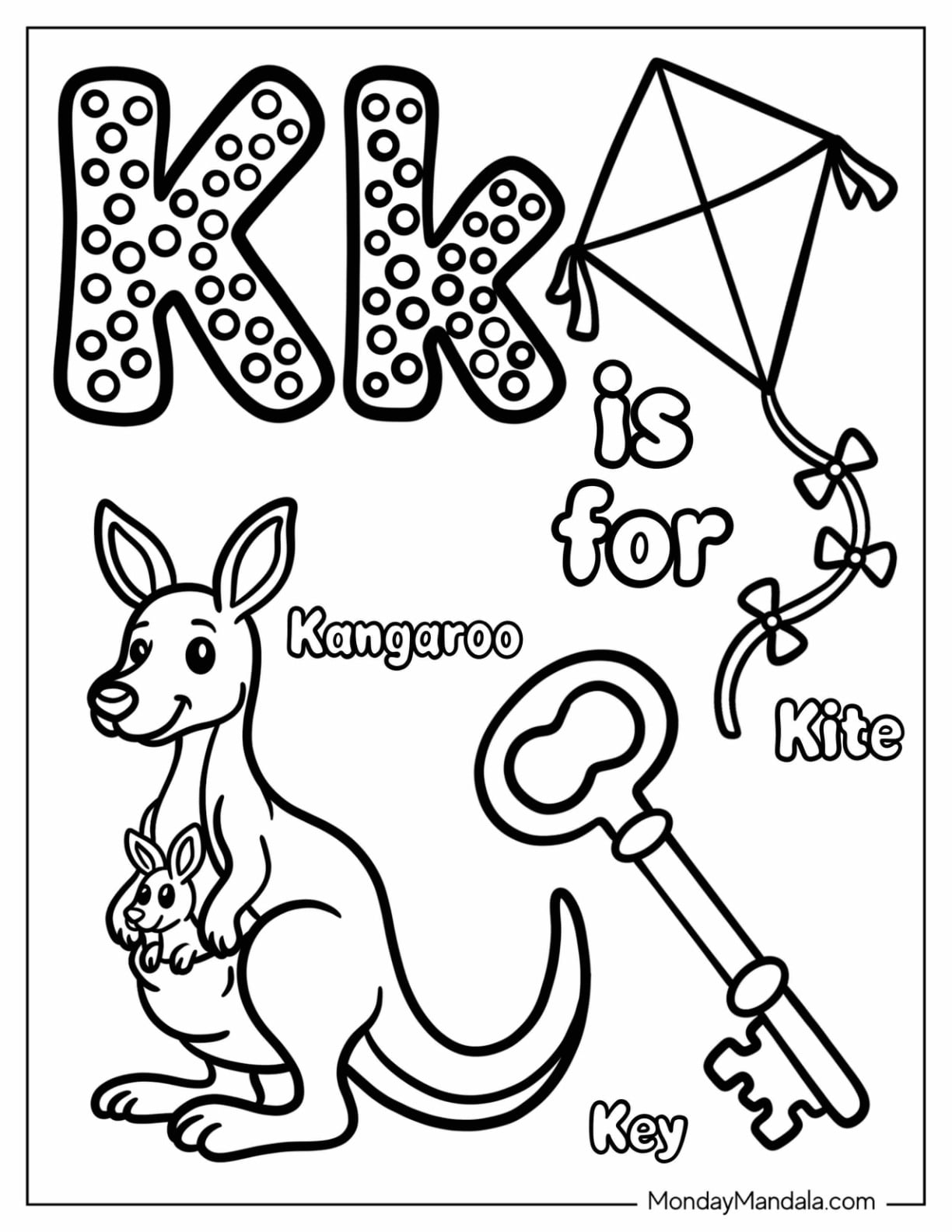 Polka Dot Letter K Coloring Page for Kangaroo, Kite, and Key