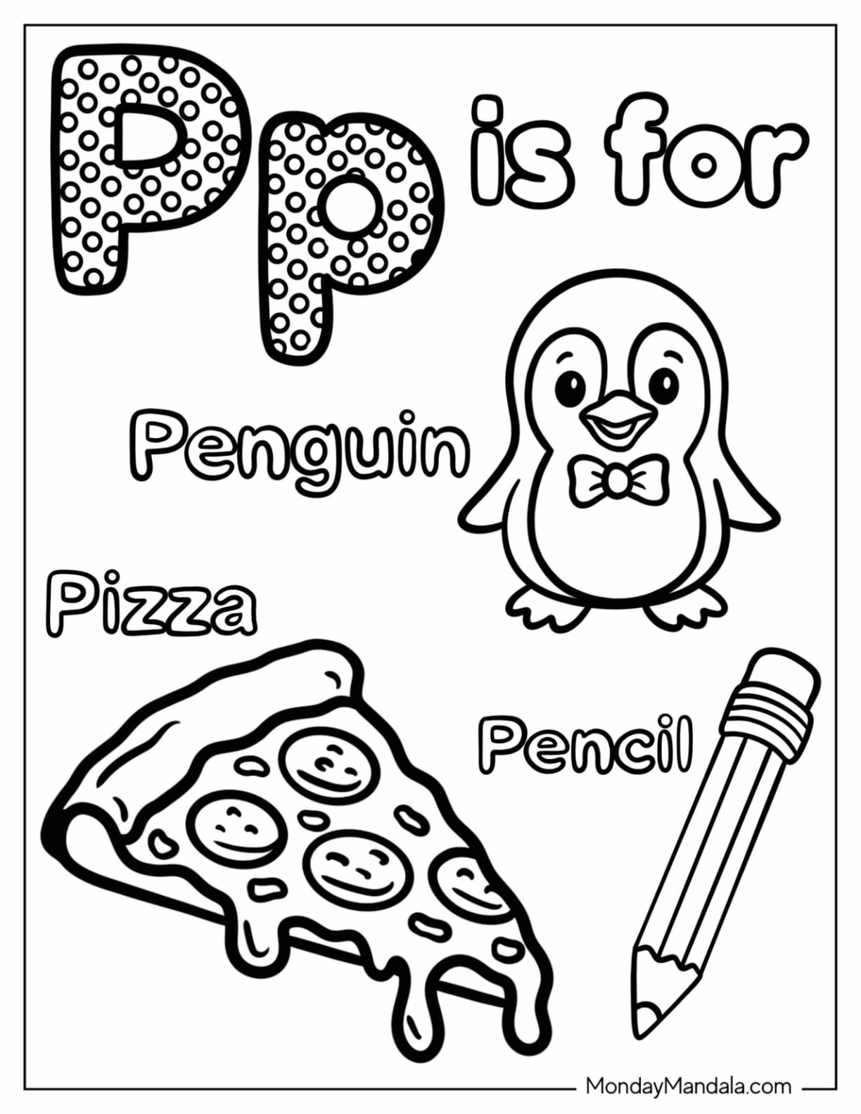 Polka Dot Letter P Coloring Page is for Penguin, Pencil, and Pizza for Kids