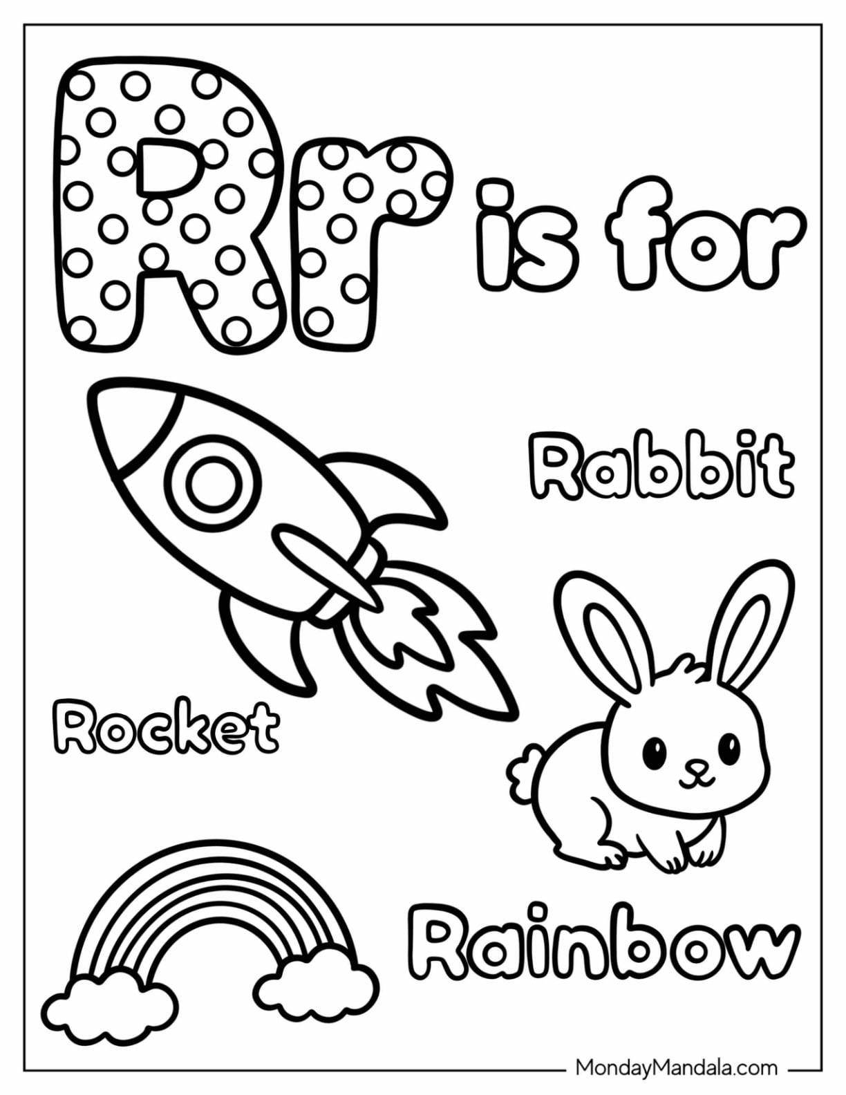 Polka Dot Letter R Coloring Page for Rabbit, Rocket, and Rainbow for Kids