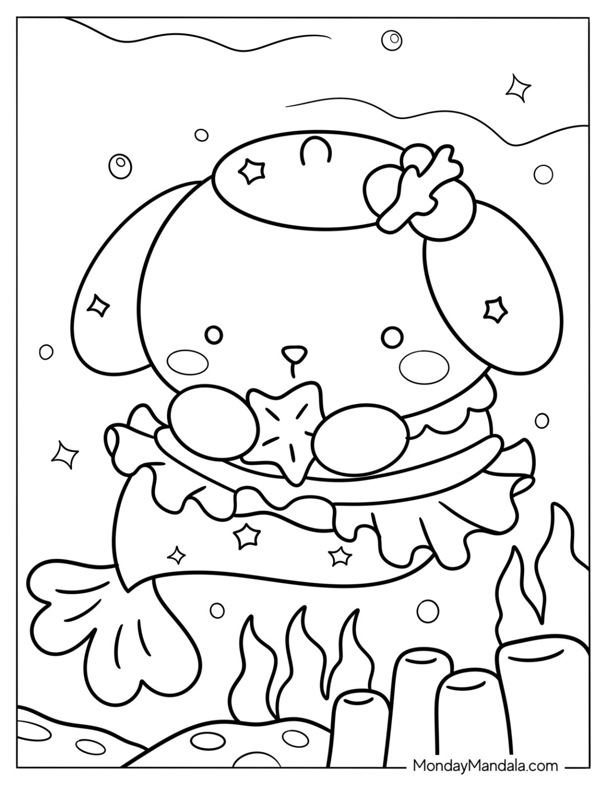 Pompompurin Mermaid Coloring Page Holding a Starfish
