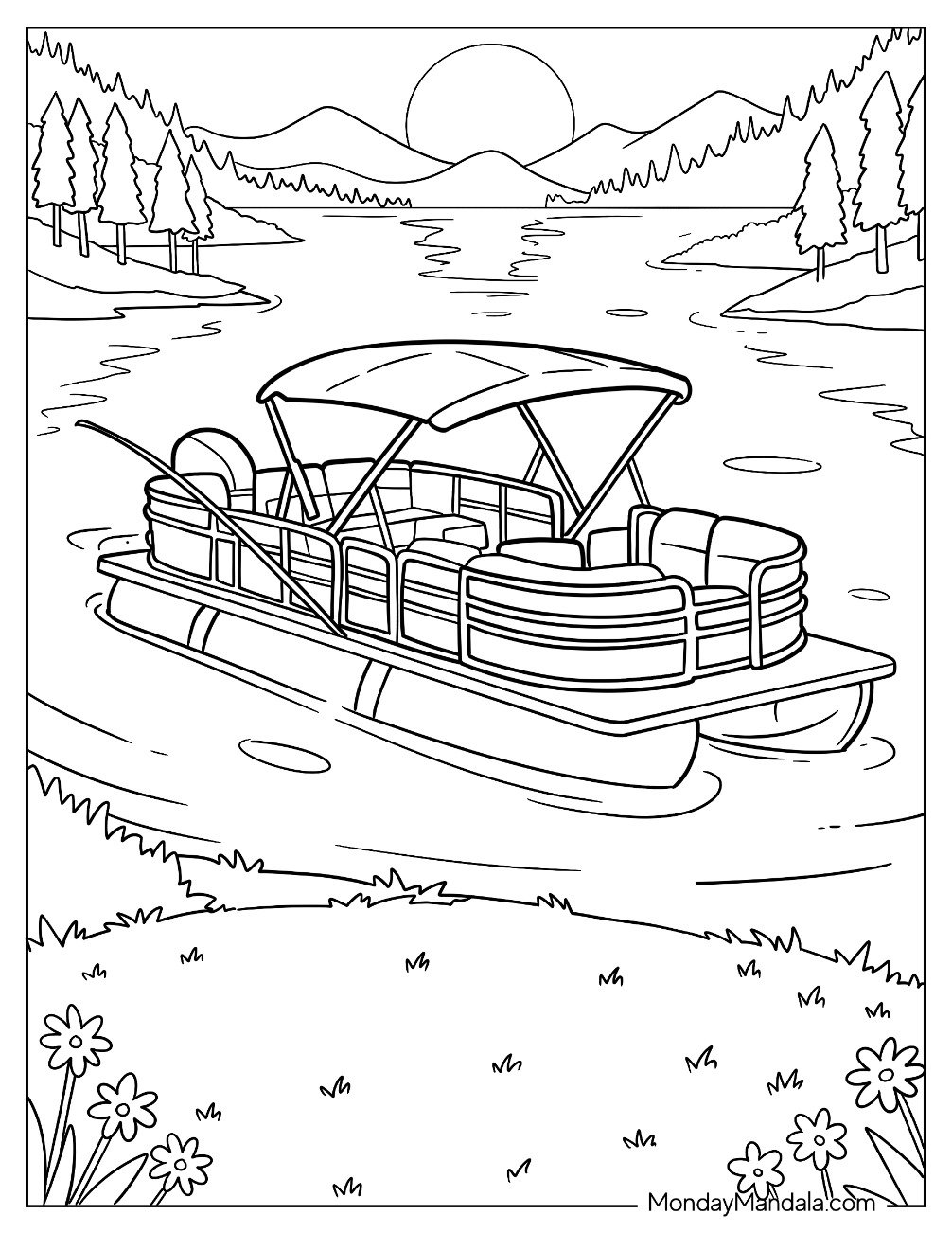 Pontoon Boat & Ship Coloring Page Cruising on a Peaceful Mountain Lake for Kids