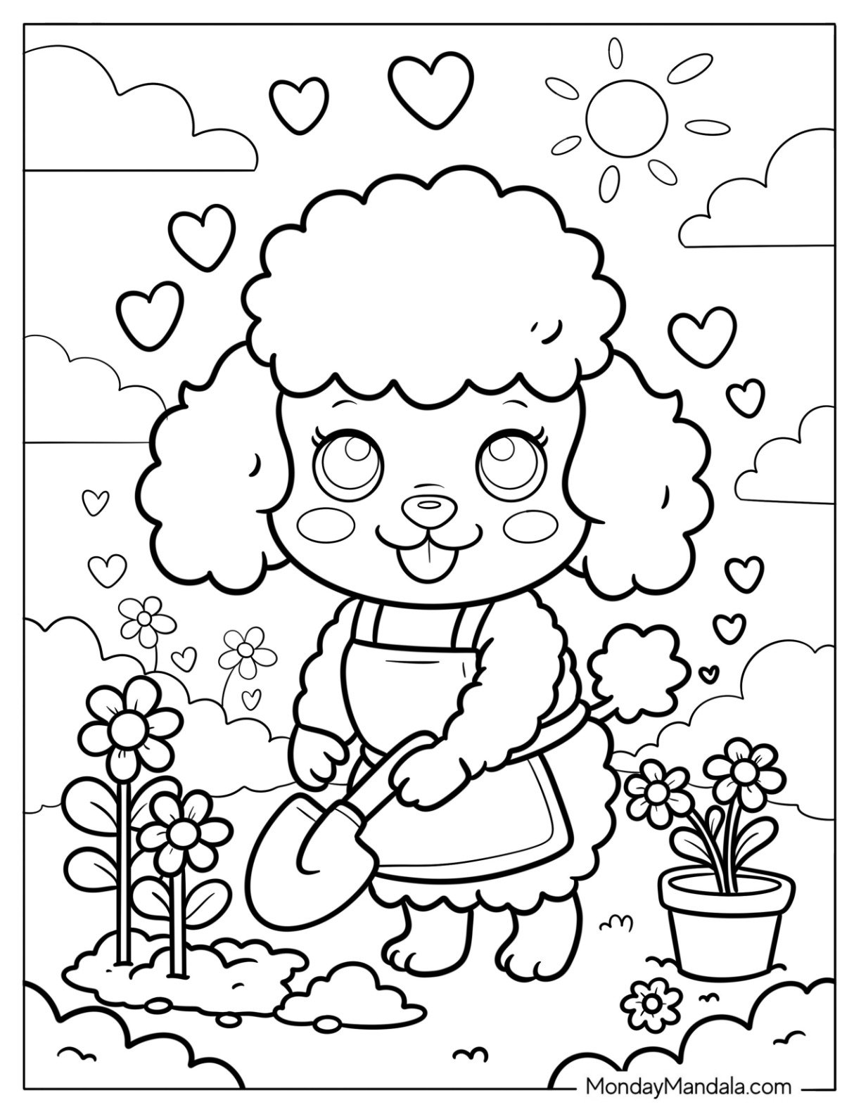 Poodle Coloring Page Digging in the Flower Garden for Preschoolers
