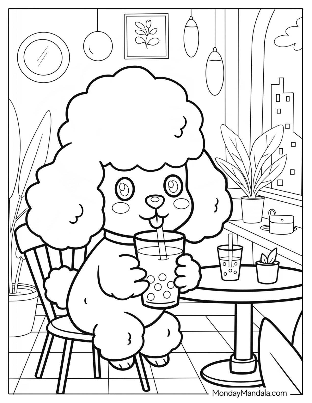 Poodle Coloring Page Drinking Bubble Tea in a Cute Café for Preschoolers