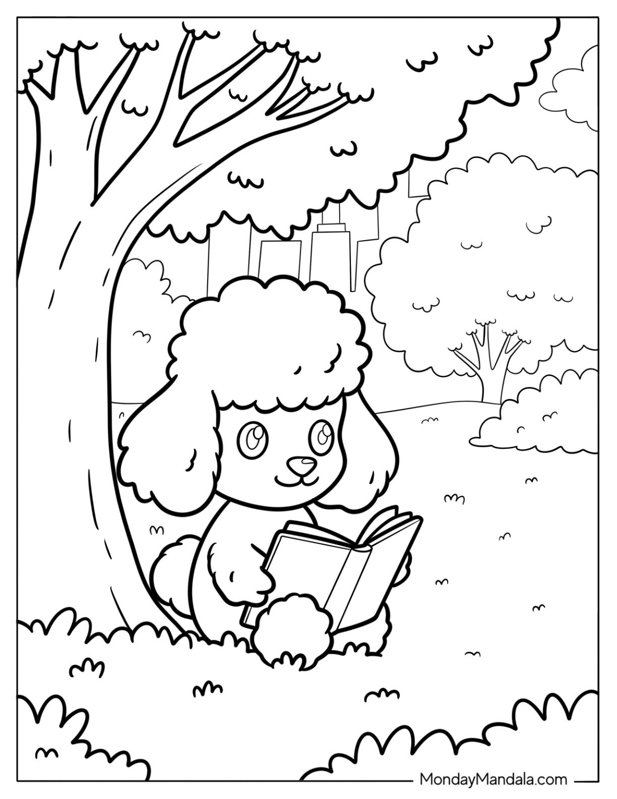 Poodle Coloring Page Reading Under a Tree in the Park for Preschoolers