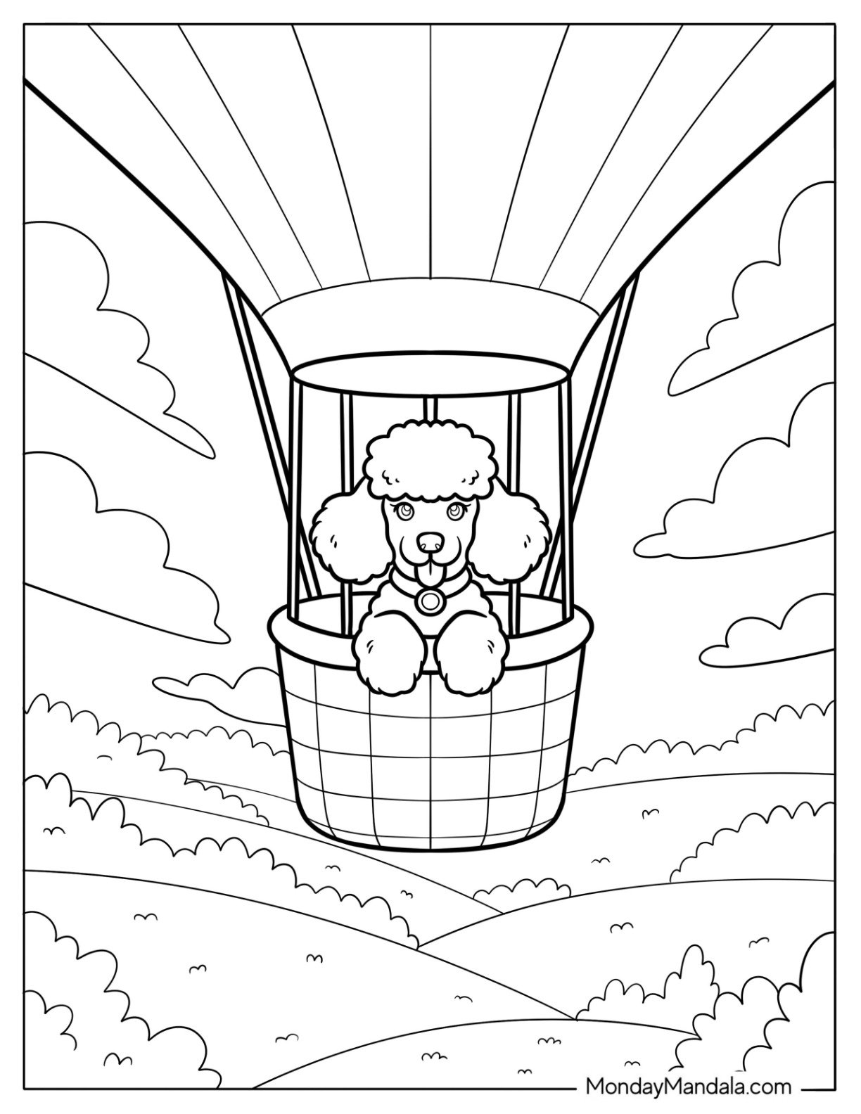 Poodle Coloring Page in a Hot Air Balloon Over Rolling Hills