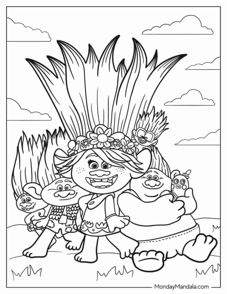 dreamworks trolls coloring pages - Poppy Branch Biggie And Troll Friends 742x960