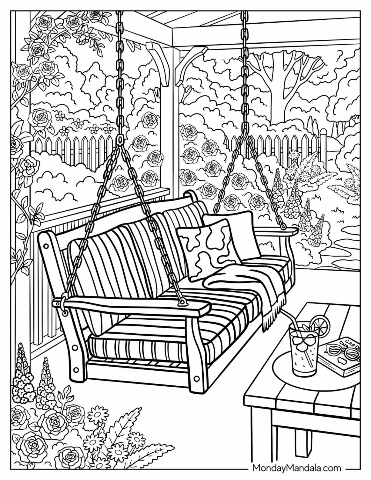 Porch Swing with Garden View Coloring Page for Adults
