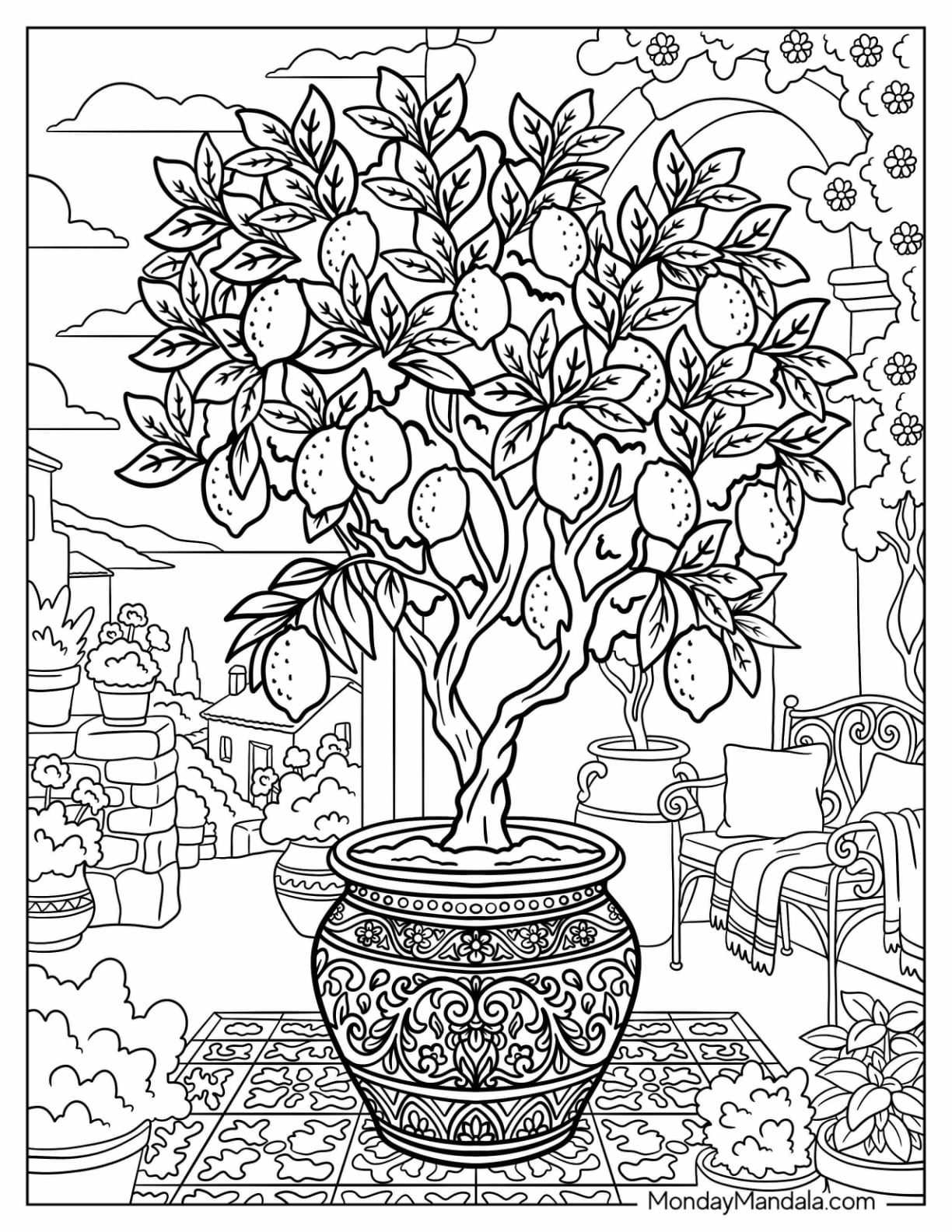 Potted Lemon Tree with Fresh Lemons on a Garden Patio