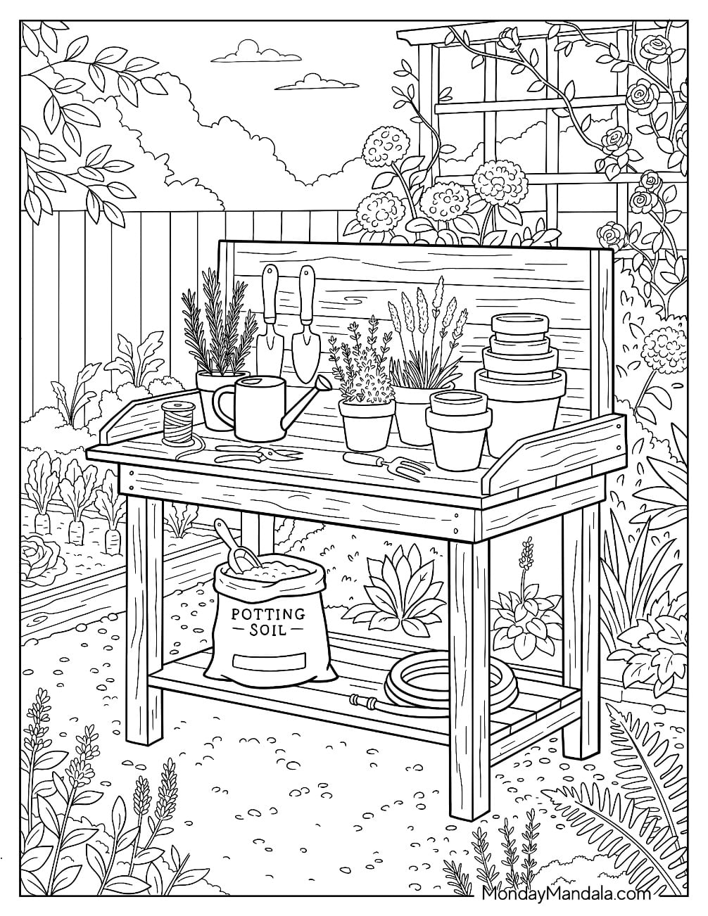 Potting Bench with Plants, Tools, and Potting Soil in a Garden Coloring Page