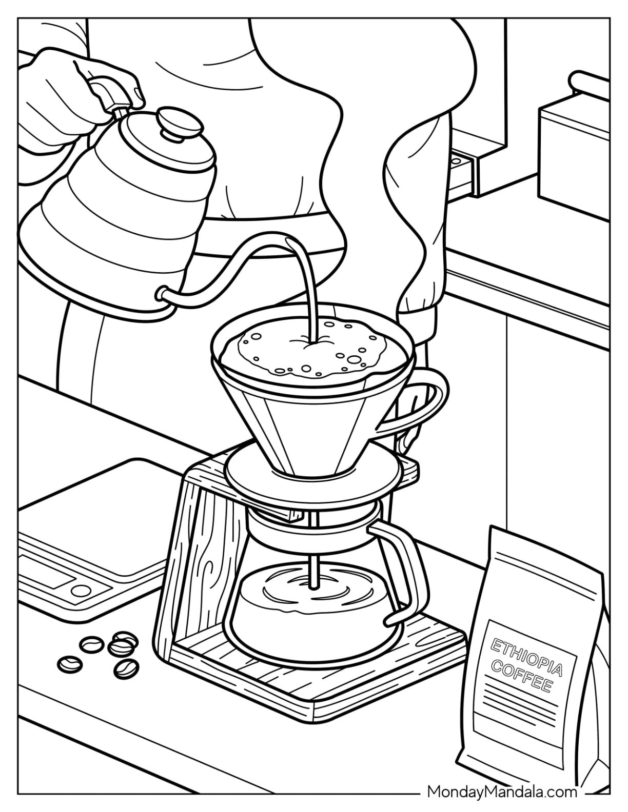 Pour Over Coffee Brewing with a Gooseneck Kettle Coloring Page