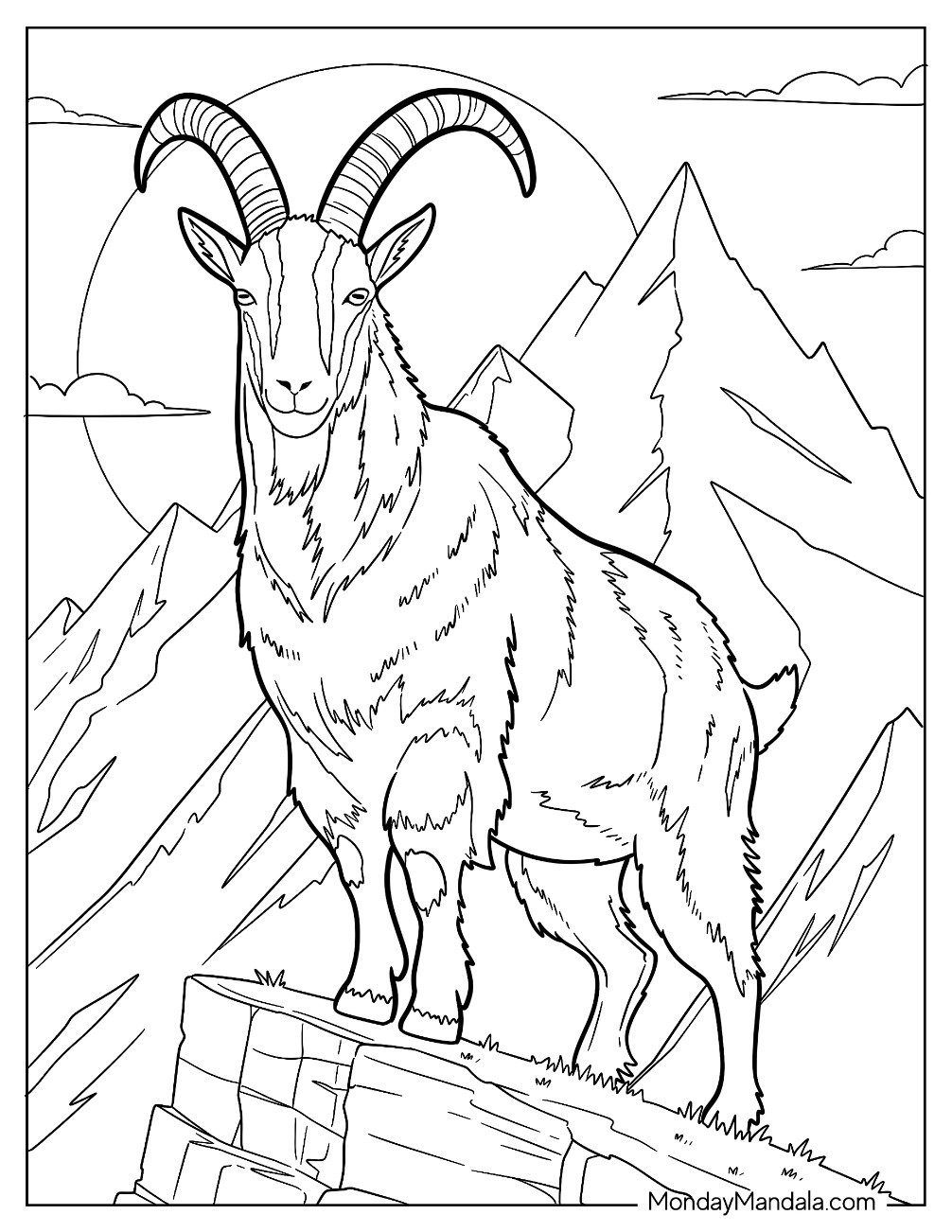 Powerful Goat Coloring Page Standing Tall on a Rocky Ledge in the High Alps