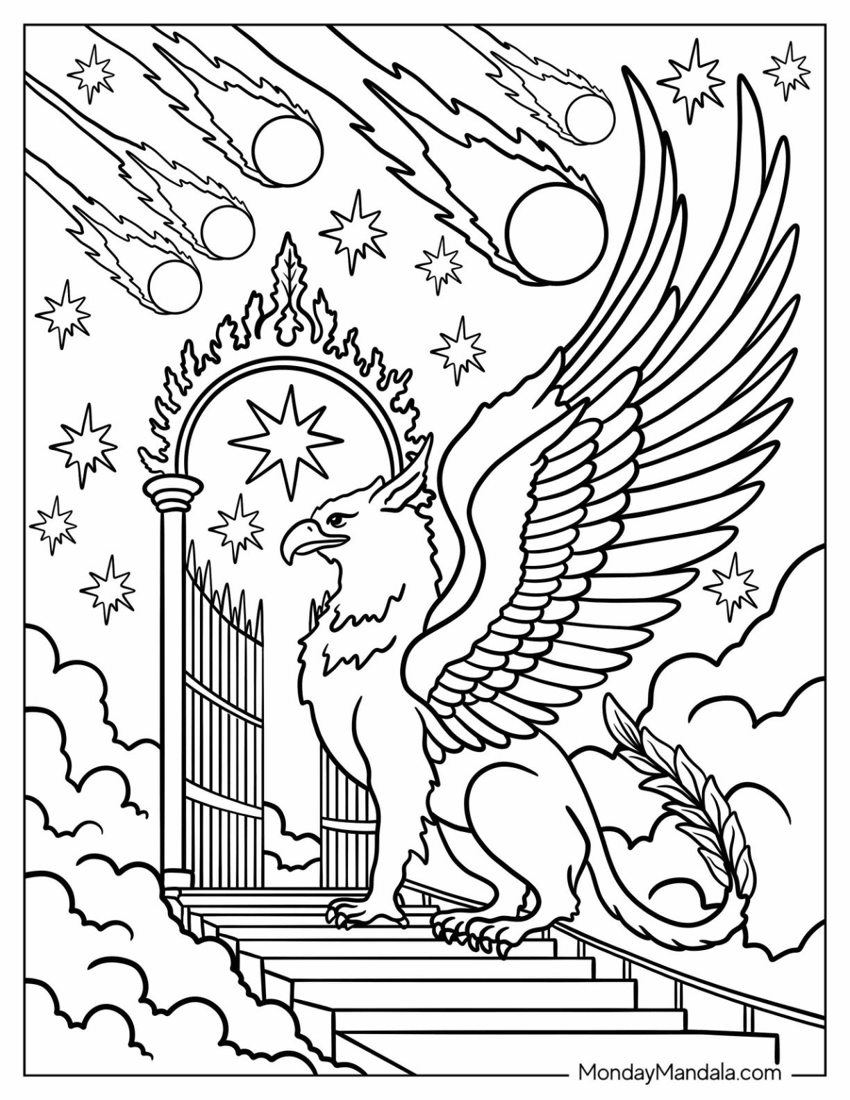 Powerful Griffin Coloring Page Protecting Star Gate with Comets and Night Sky for Kids