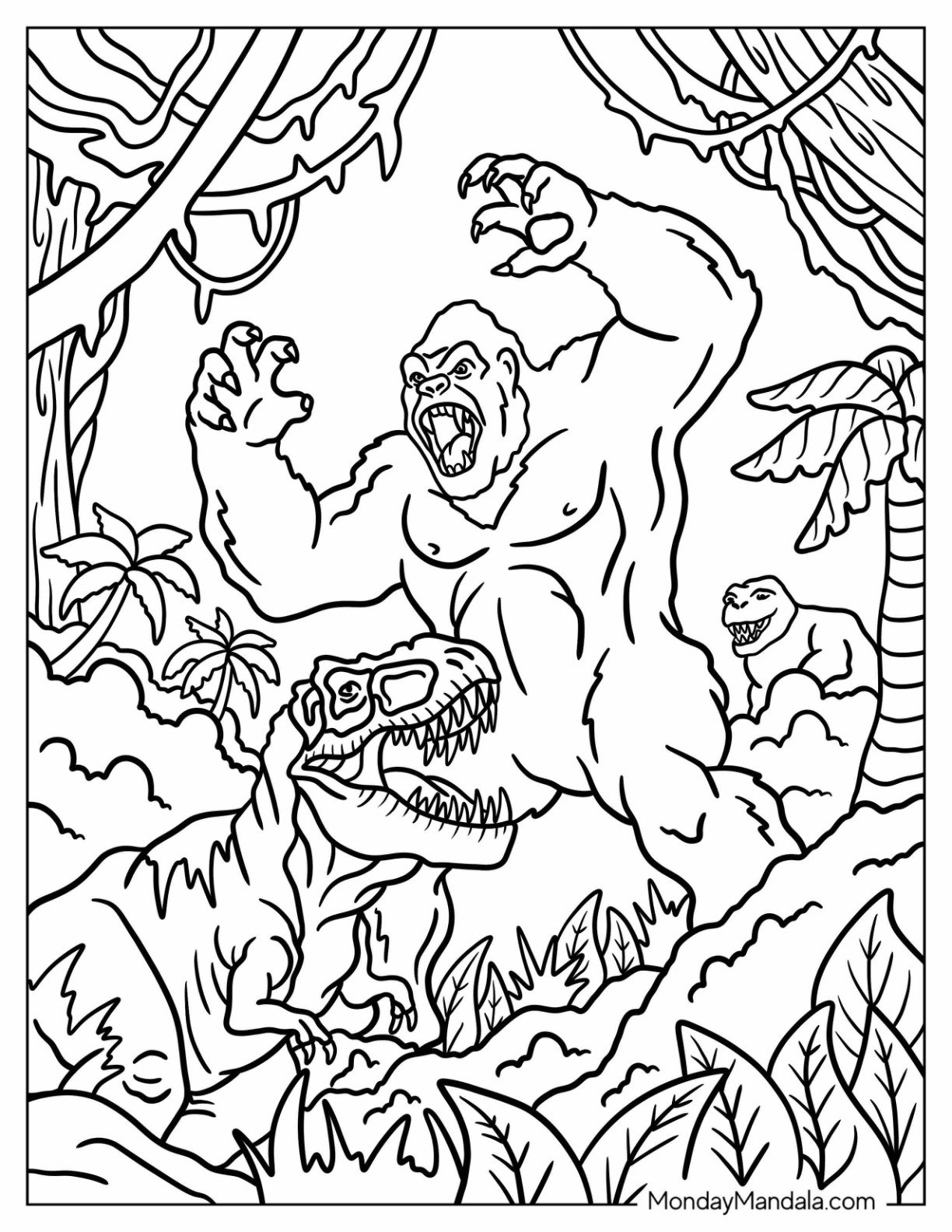 Powerful King Kong Coloring Page Fighting Dinosaurs