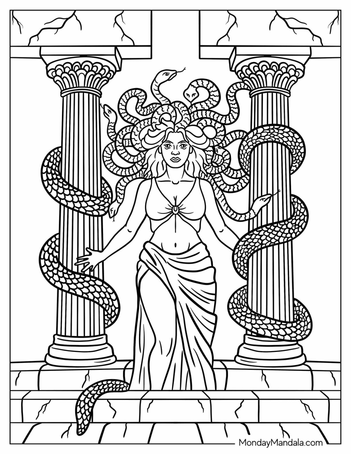 Powerful Medusa Coloring Page with Snake Hair and Crumbling Greek Columns