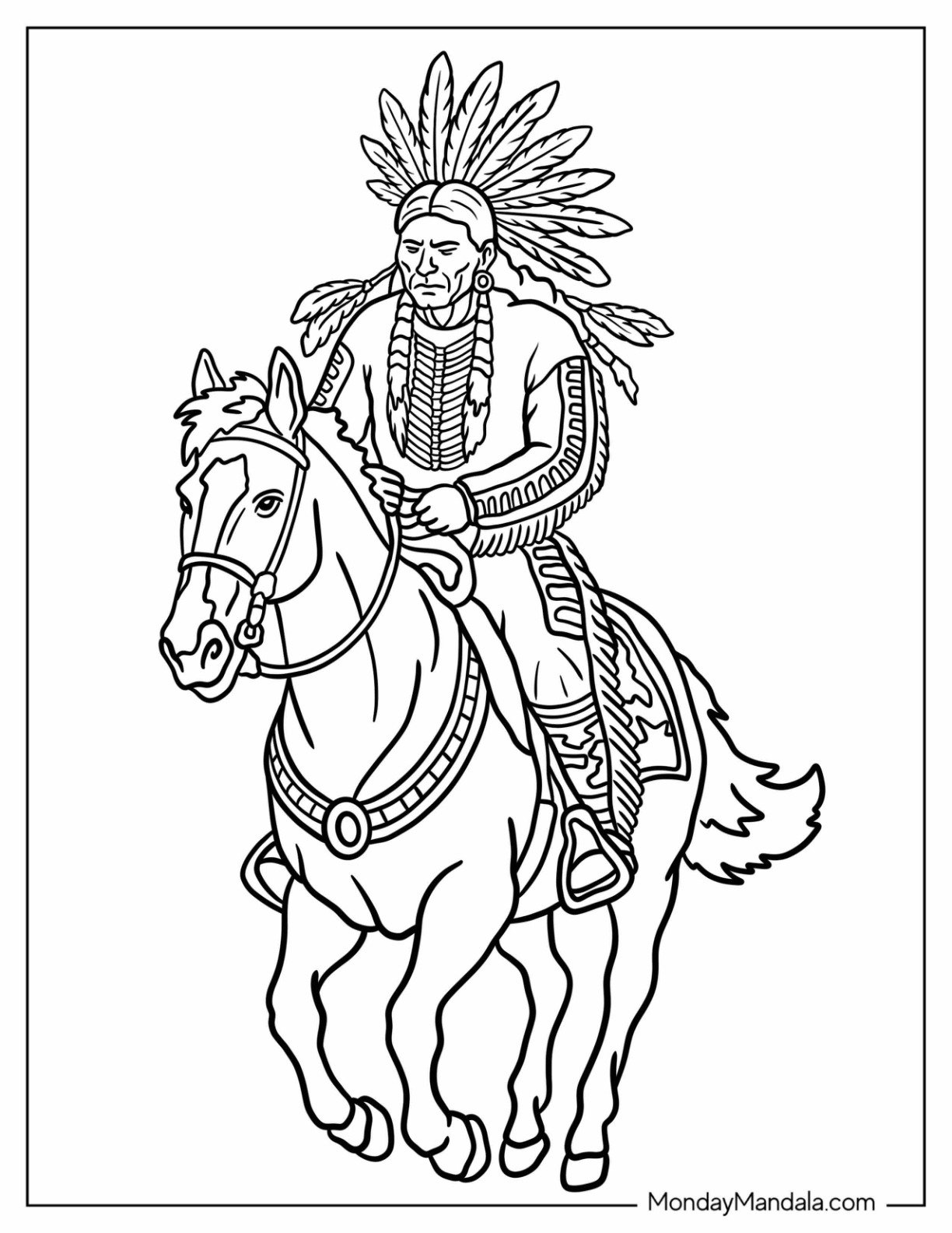 Powerful Native American Coloring Page of Chief Wearing Feather Headdress on Horseback