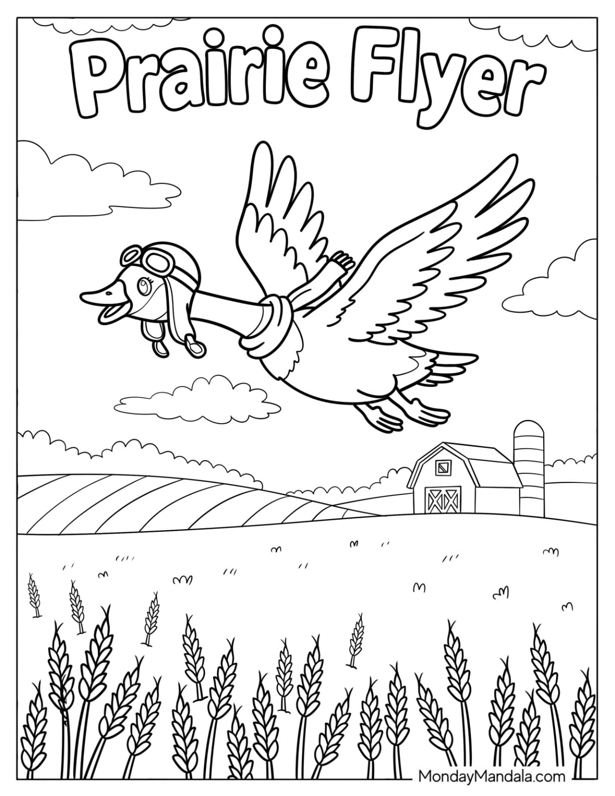 Canada Coloring Page of Prairie Flyer Goose Over Canadian Wheat Fields