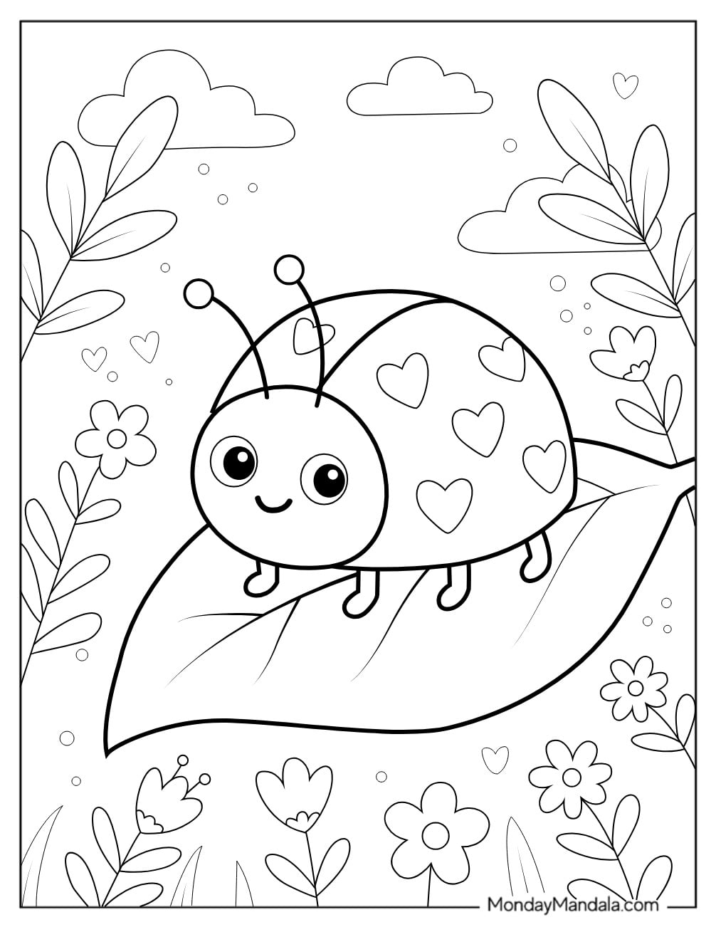 Pretty Baby Ladybug on a Big Leaf Coloring Page for Kids