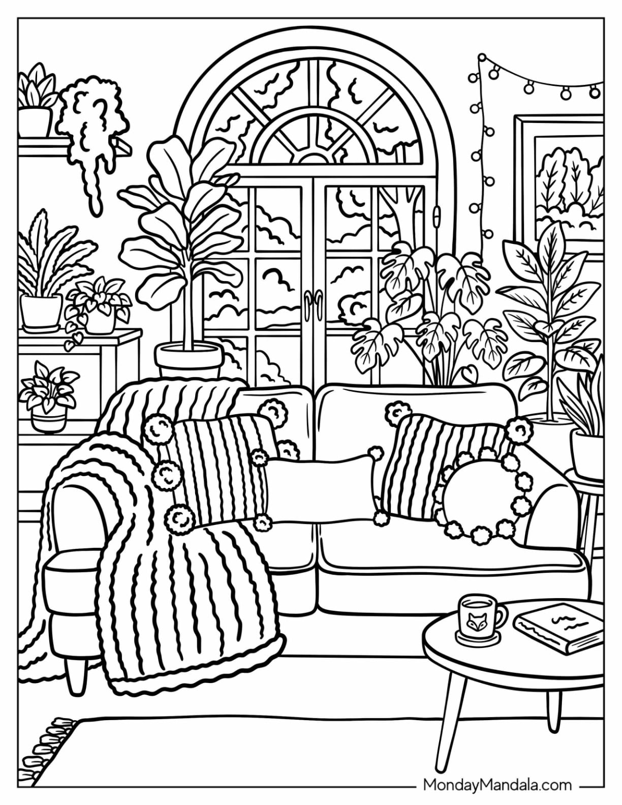 Pretty Boho Living Room with Arched Window and Houseplants Coloring Page