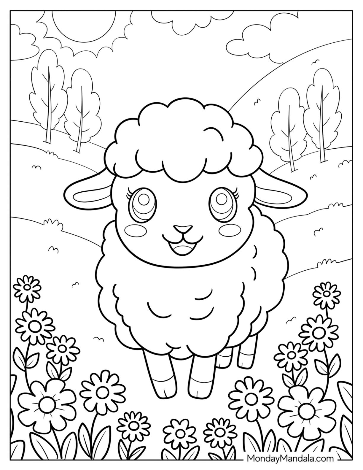 Pretty Cartoon Sheep Coloring Page Surrounded by Blossoms