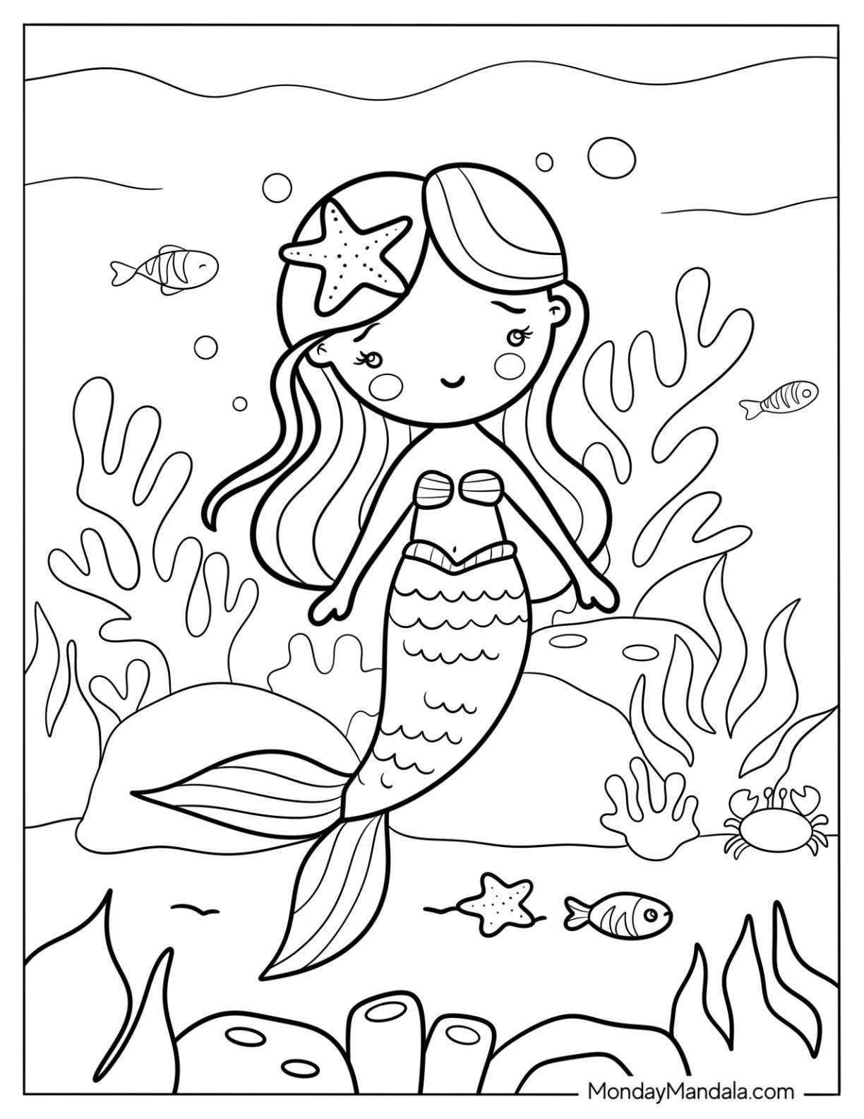 Pretty Cartoon Mermaid Coloring Page with Starfish Hairpin for Kids