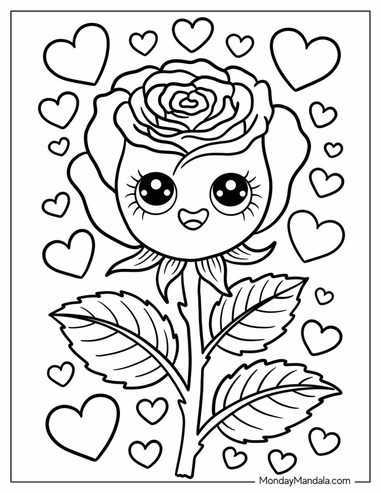 Pretty Cartoon Rose Coloring Page Surrounded by Love Hearts for Kids