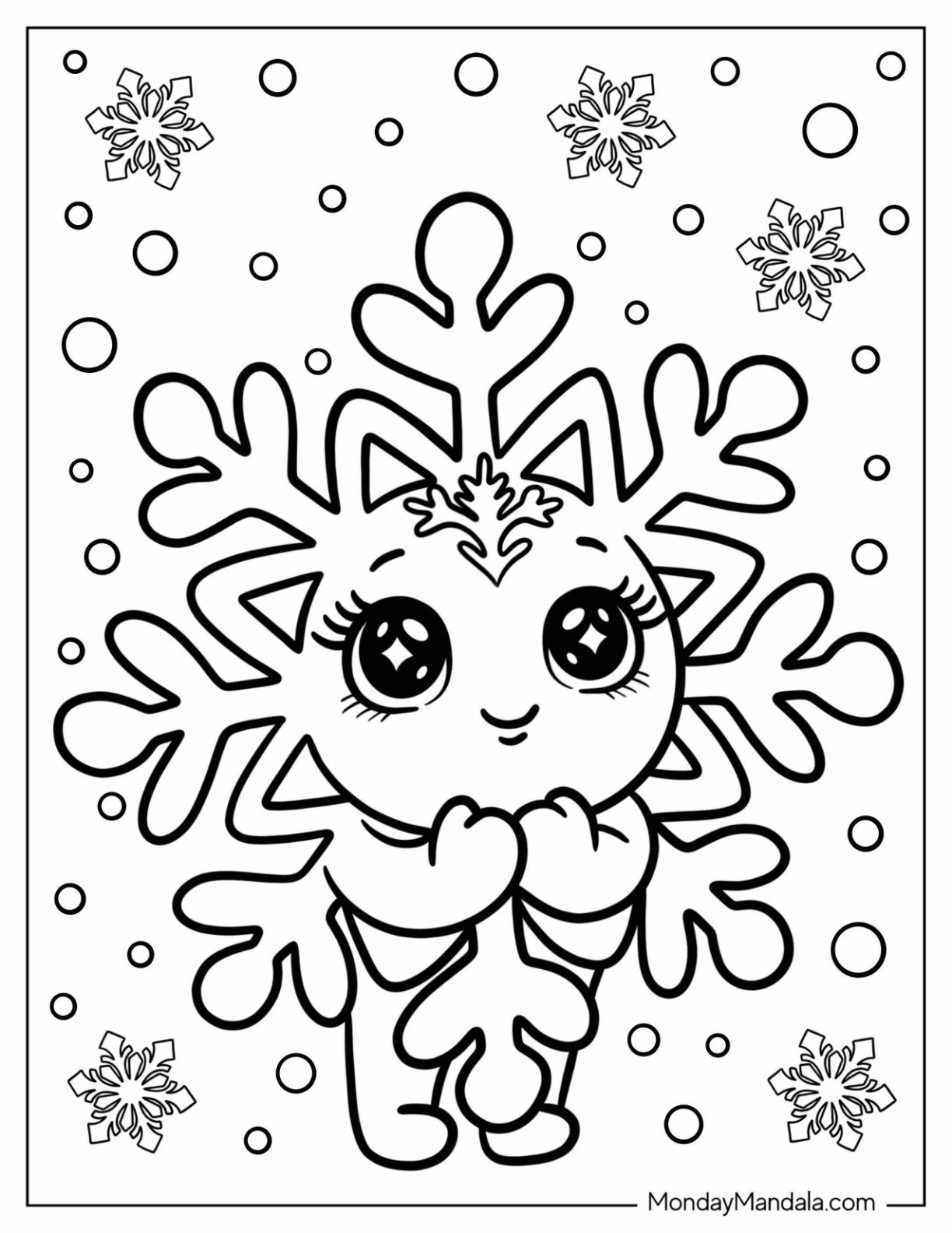 Pretty Cartoon Snowflake Coloring Page with Long Lashes for Kids