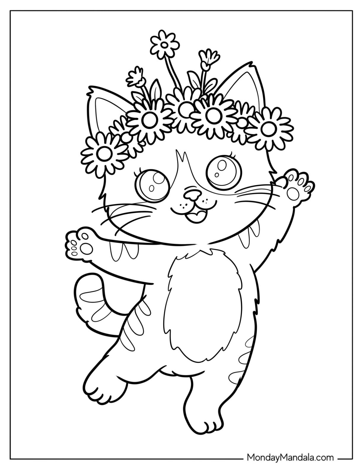Pretty Cat Coloring Page with Flower Crown Dancing for Kids