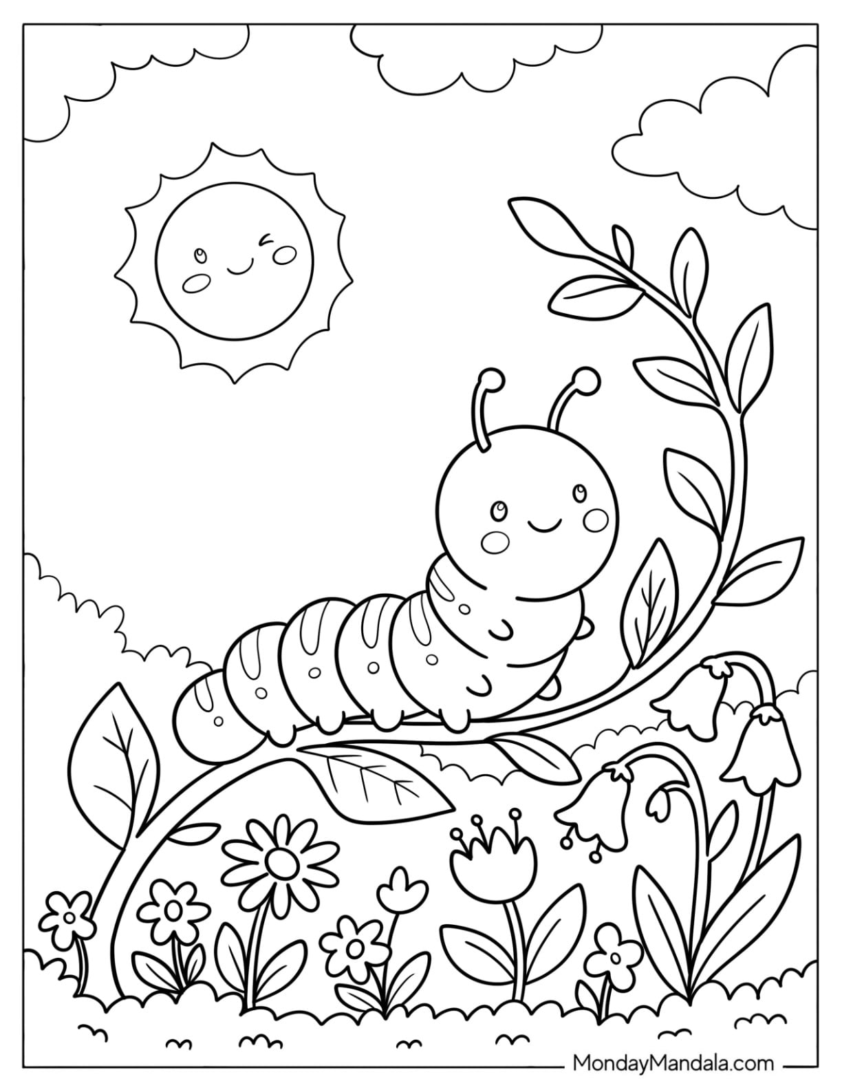 Pretty Caterpillar Coloring Page Crawling on a Tree Branch for Kids