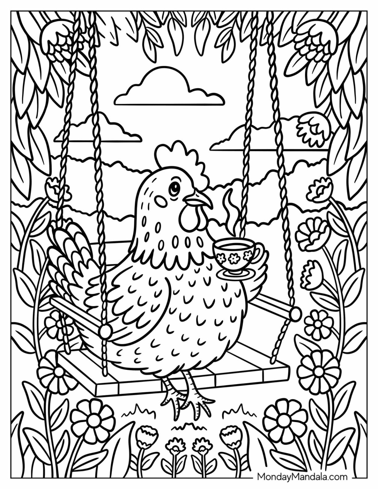 Pretty Chicken Enjoying a Cup of Tea in Flower Garden Coloring Sheet