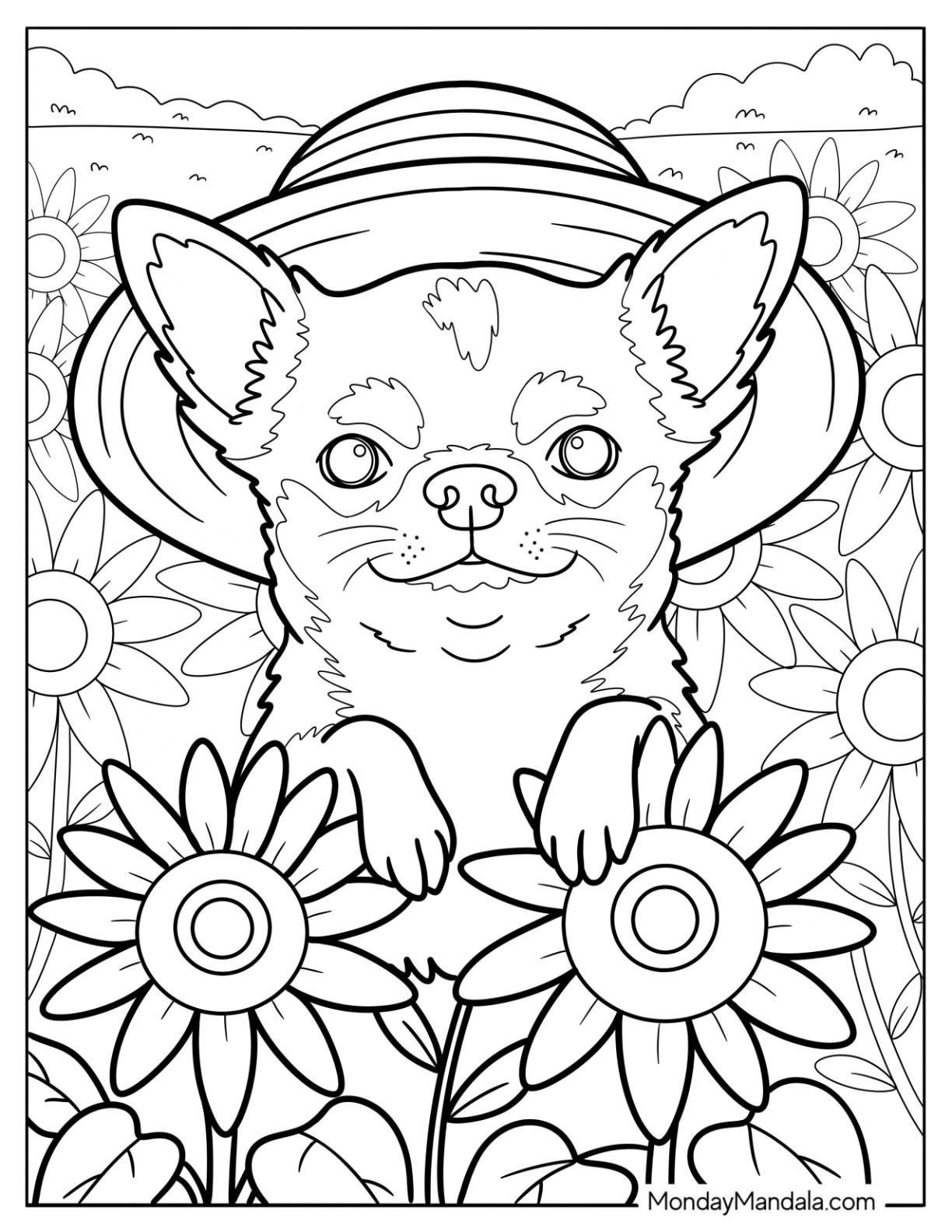 Pretty Chihuahua Coloring Page Wearing Straw Hat in a Sunflower Field