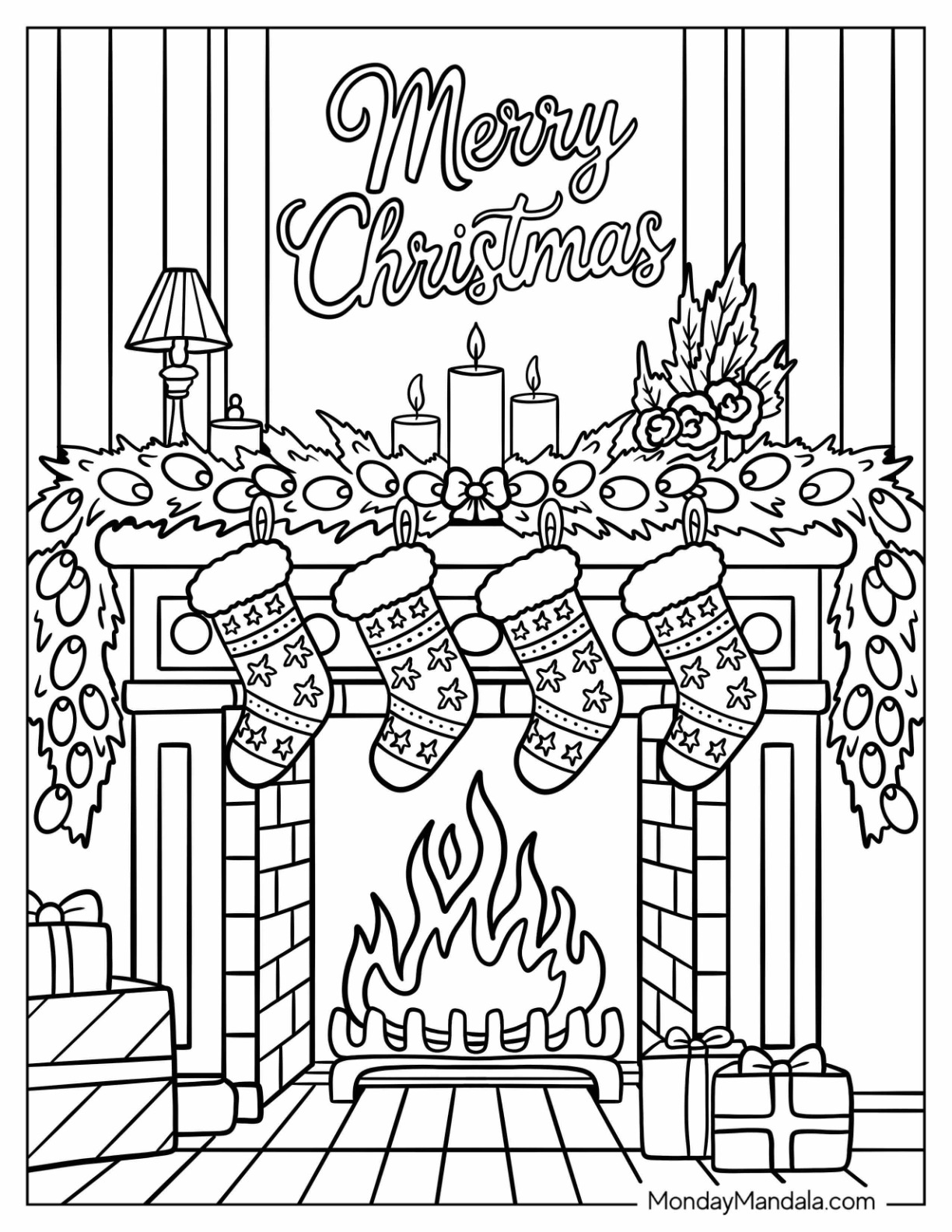 Pretty Christmas Lights Coloring Page on Fireplace with Garland and Stockings