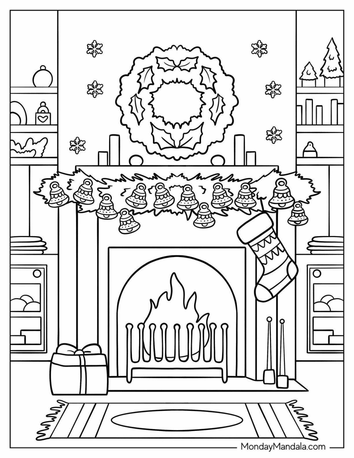 Pretty Christmas Living Room With Fireplace Coloring Page And Decors
