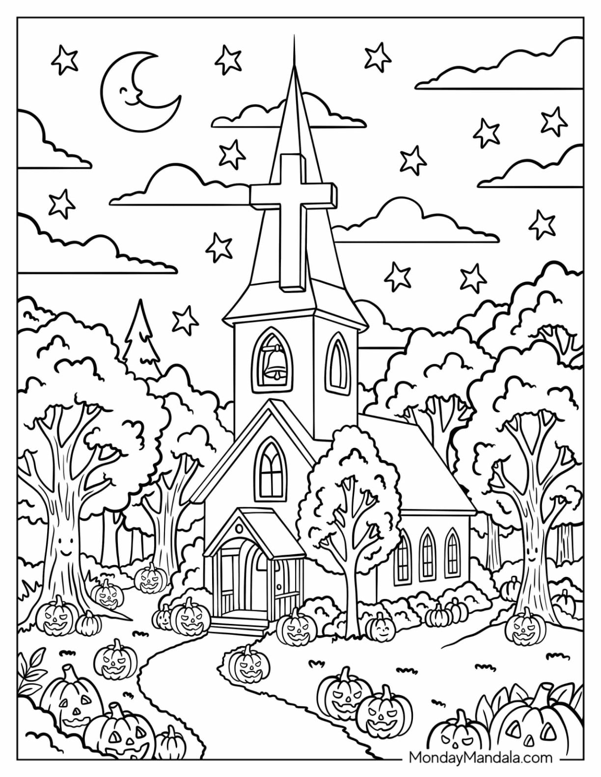 Christian Halloween Coloring Page of Pretty Church Surrounded by Jack O Lanterns