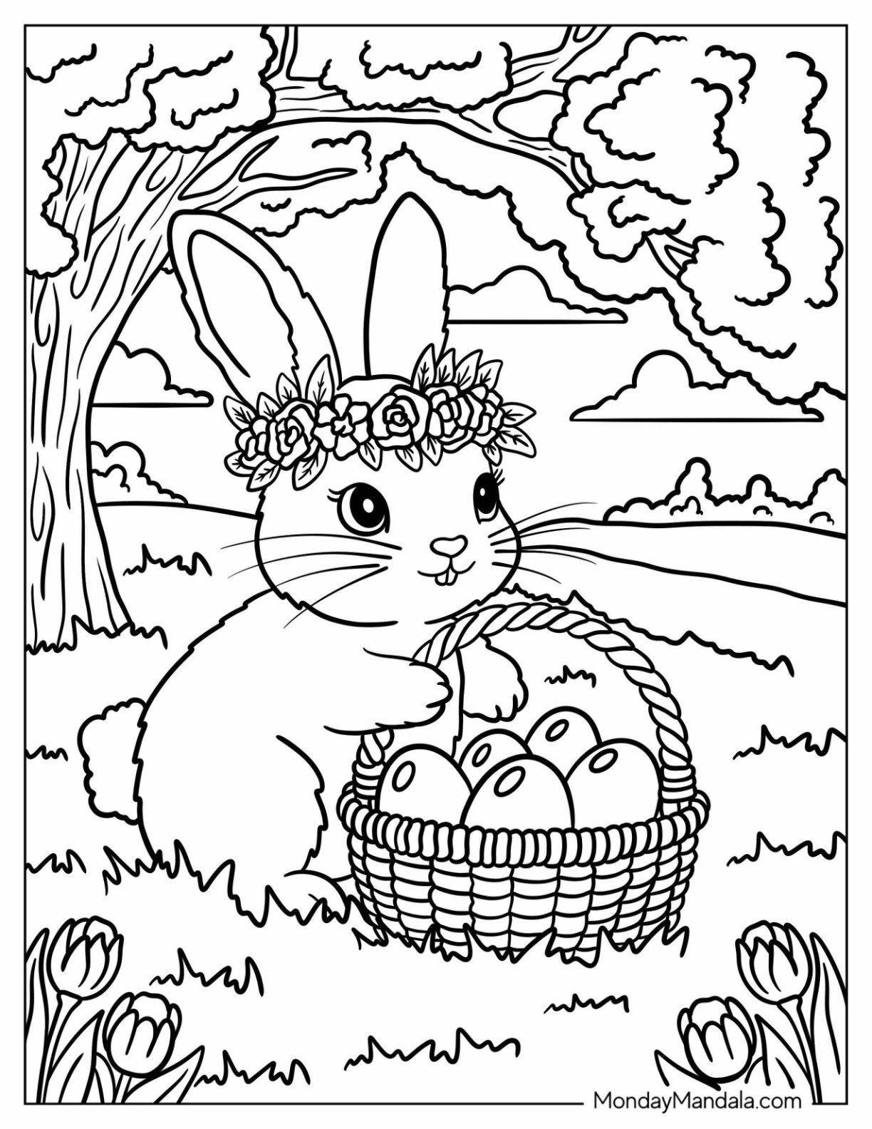 Pretty Easter Bunny Coloring Page with Flower Crown Holding a Basket of Eggs in the Forest