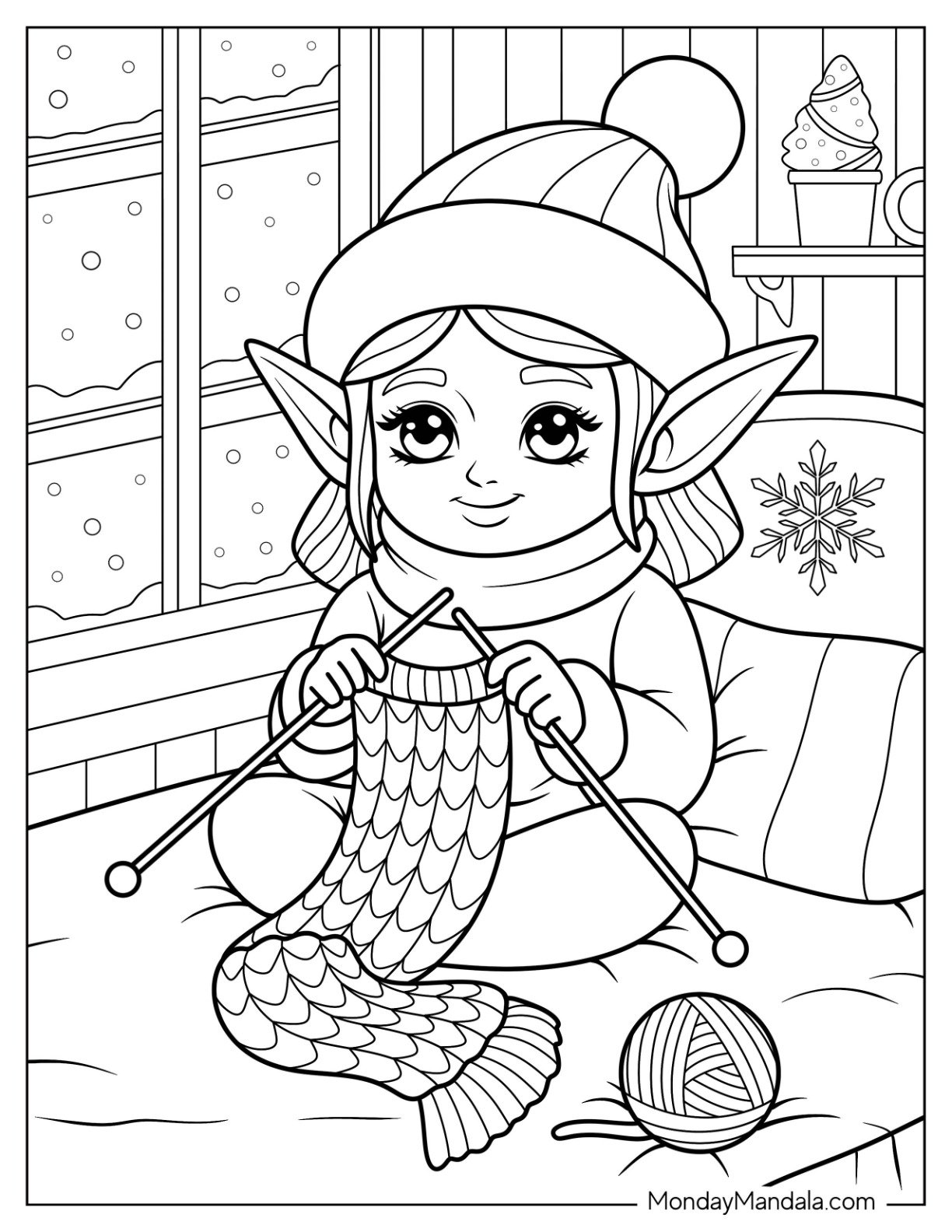 Pretty Elf Coloring Page Knitting a Cozy Scarf Indoors on a Snowy Day