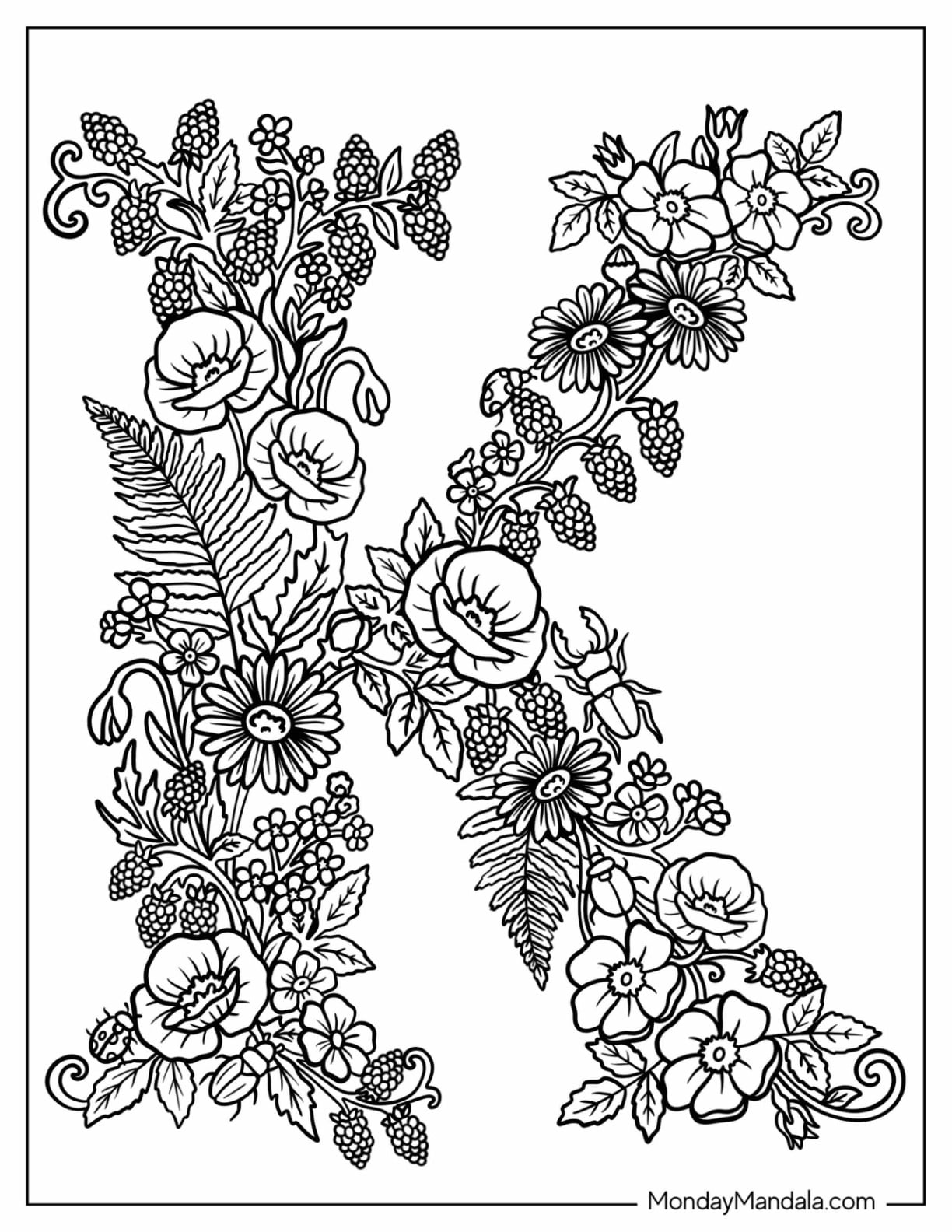 Pretty Floral Letter K Coloring Page