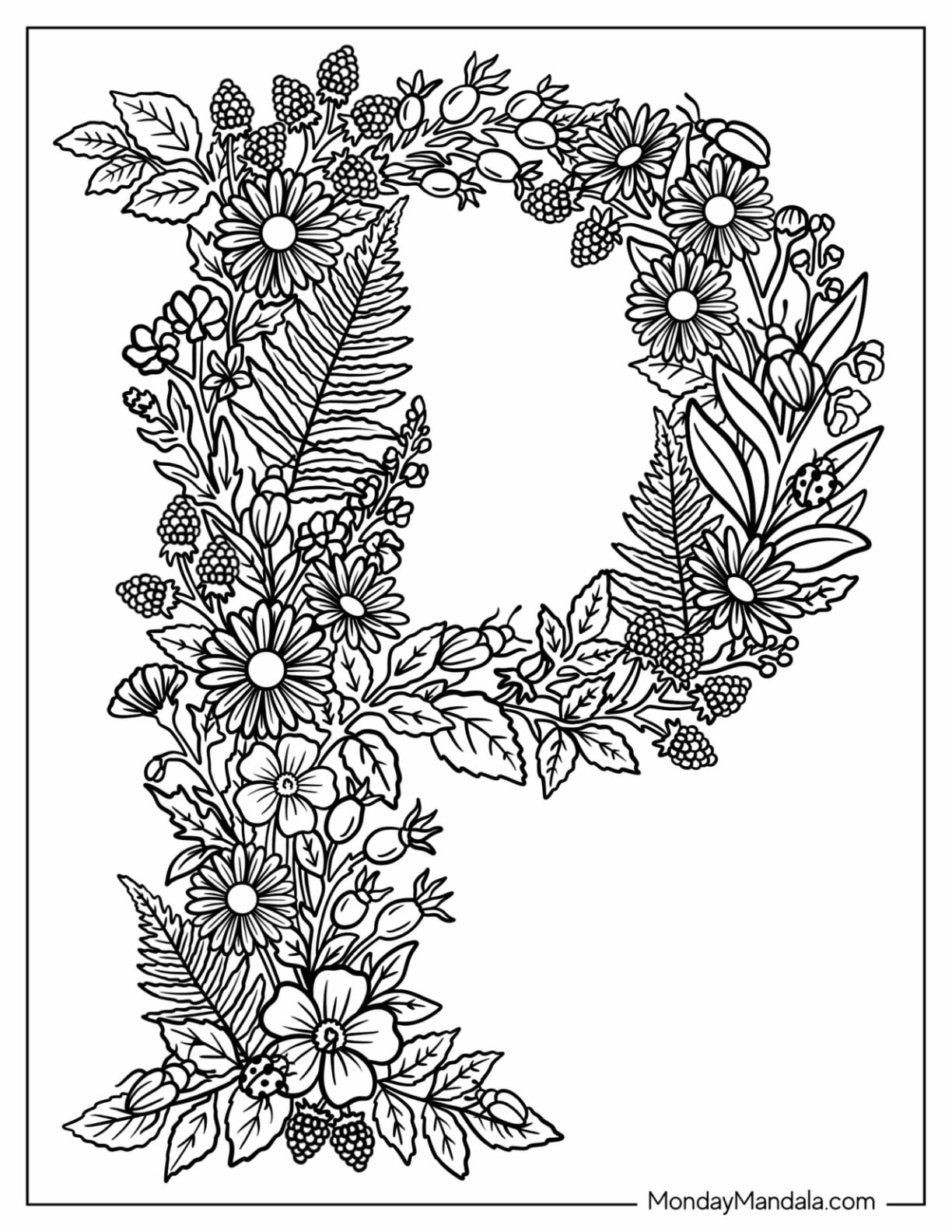 Pretty Floral Letter P Coloring Page