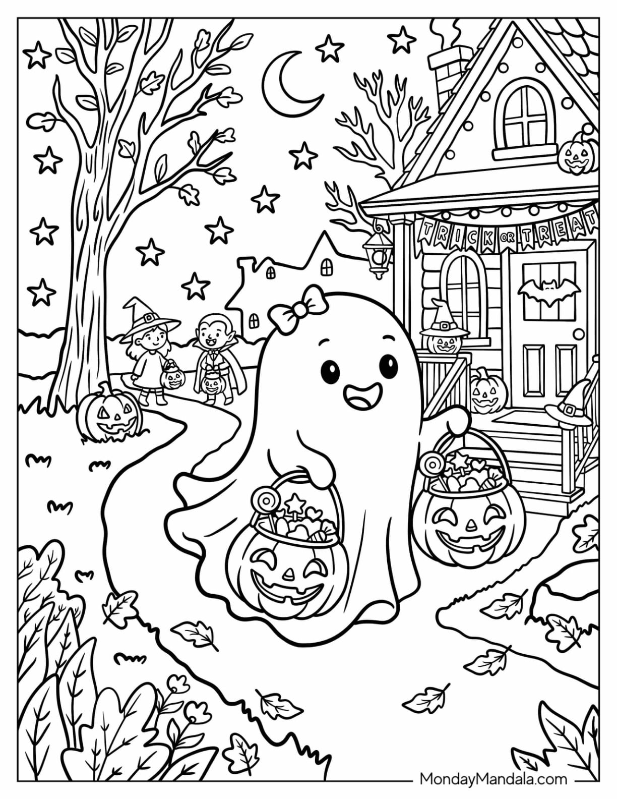 Pretty Ghost Carrying Trick or Treat Bags on Halloween