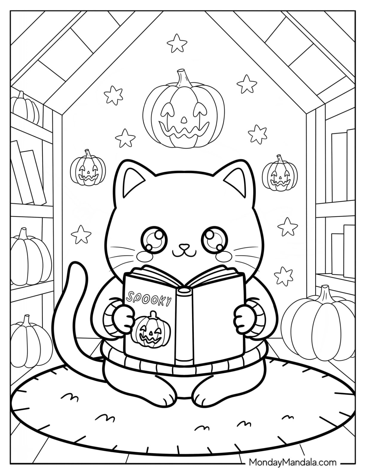 Pretty Halloween Cat Coloring Page in Sweater Reading Spooky Book