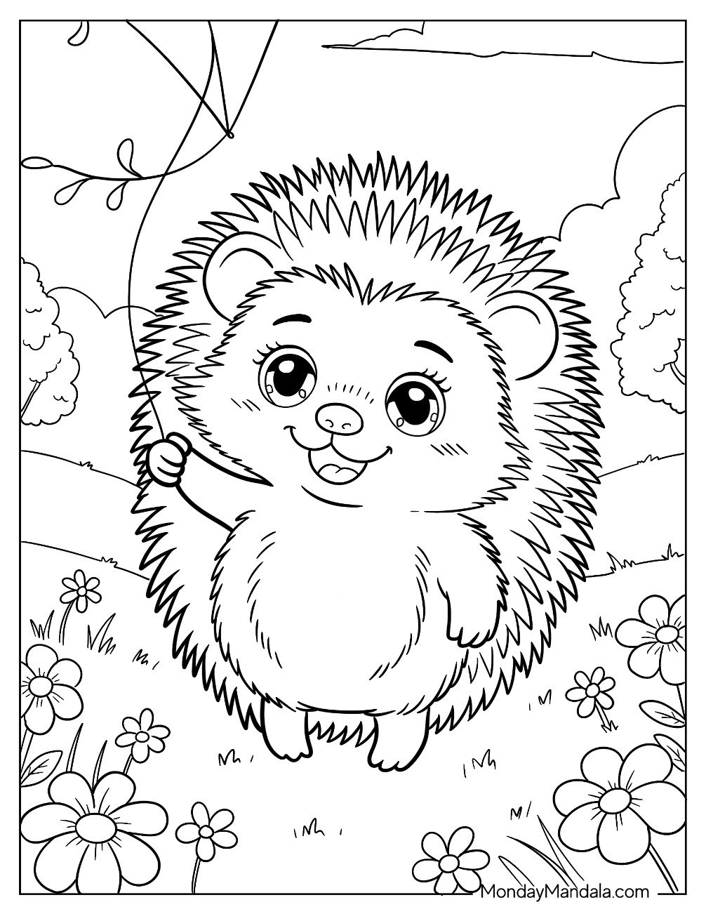 Pretty Hedgehog Coloring Page Flying a Kite on Windy Day