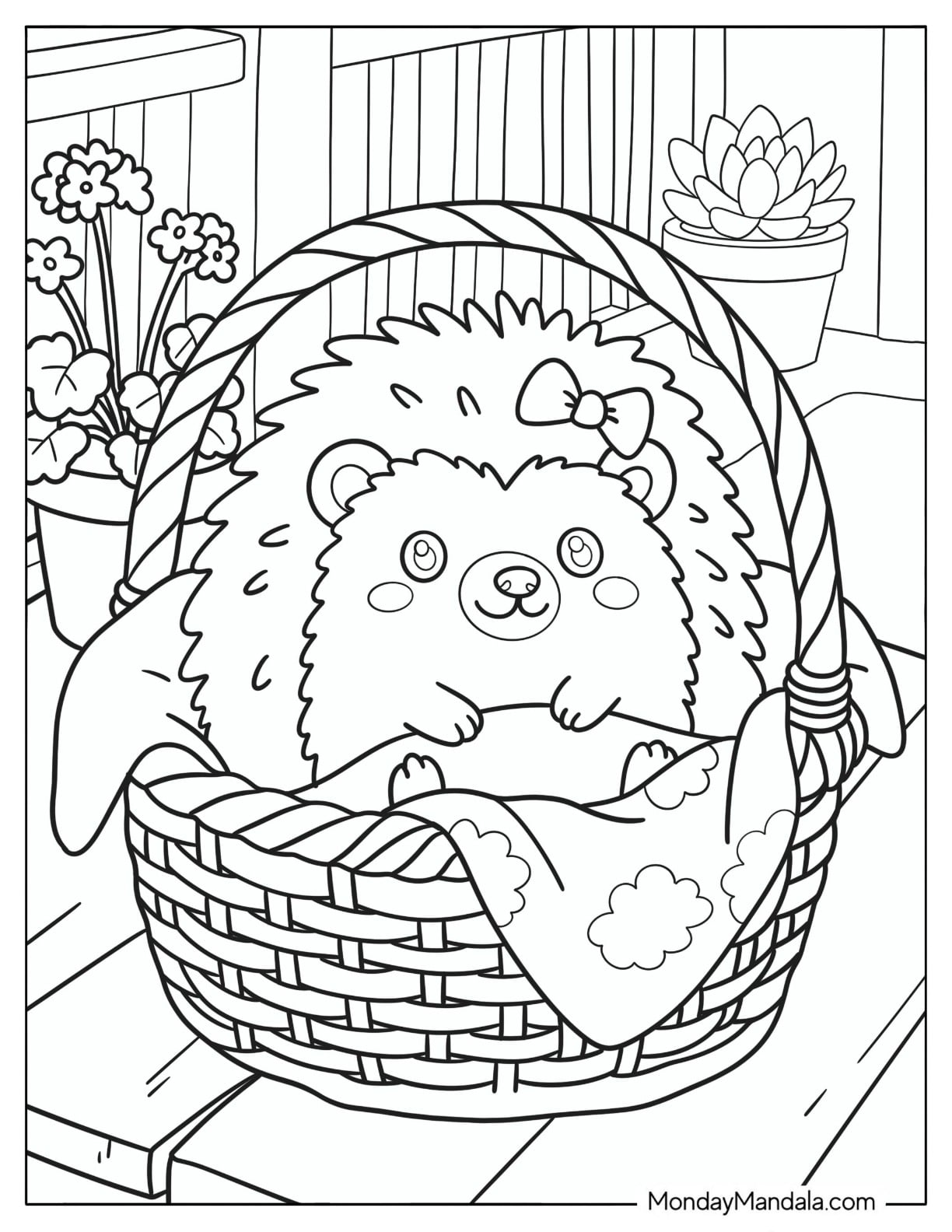 Pretty Hedgehog Sleeping in a Basket Coloring Sheet