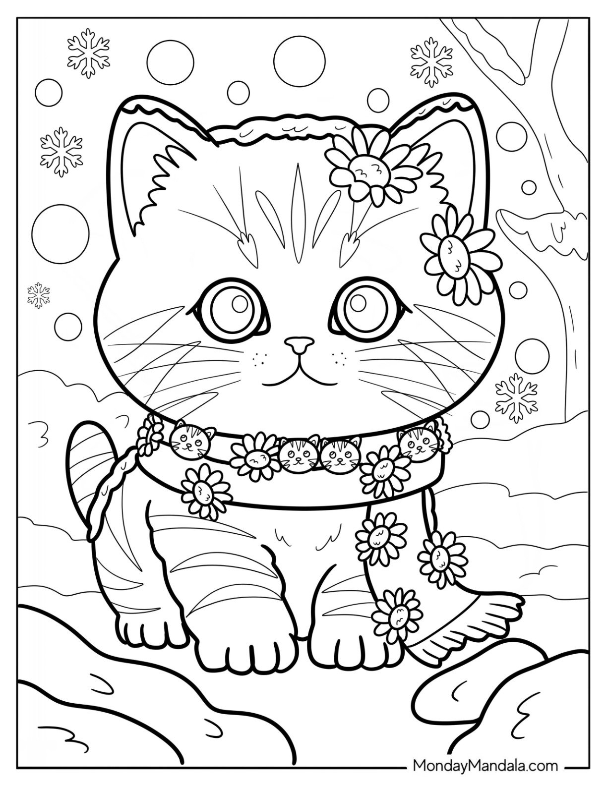 Pretty Kitten Coloring Page with Scarf and Flowers in Winter