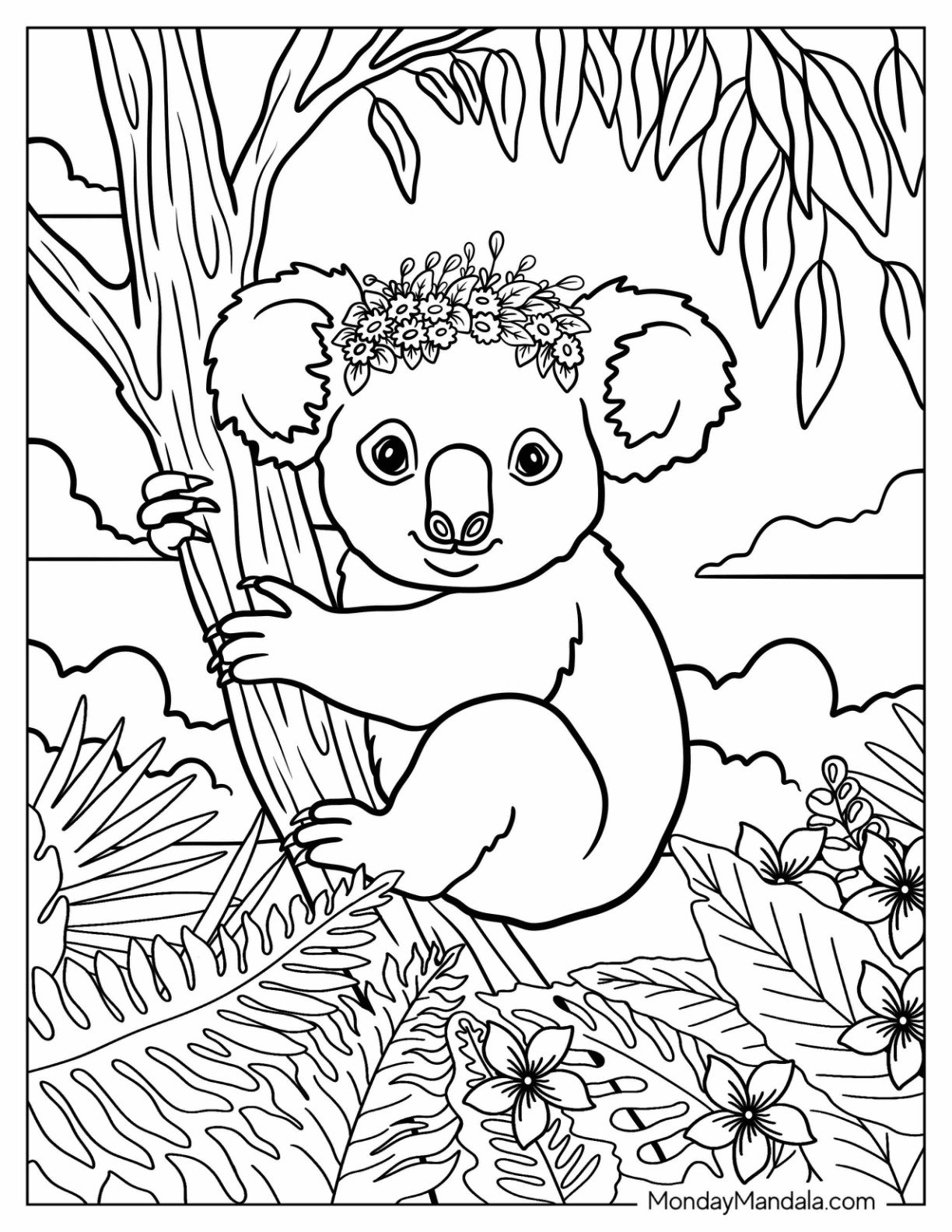 Pretty Koala Coloring Page with Flower Crown Clinging to a Tree Branch