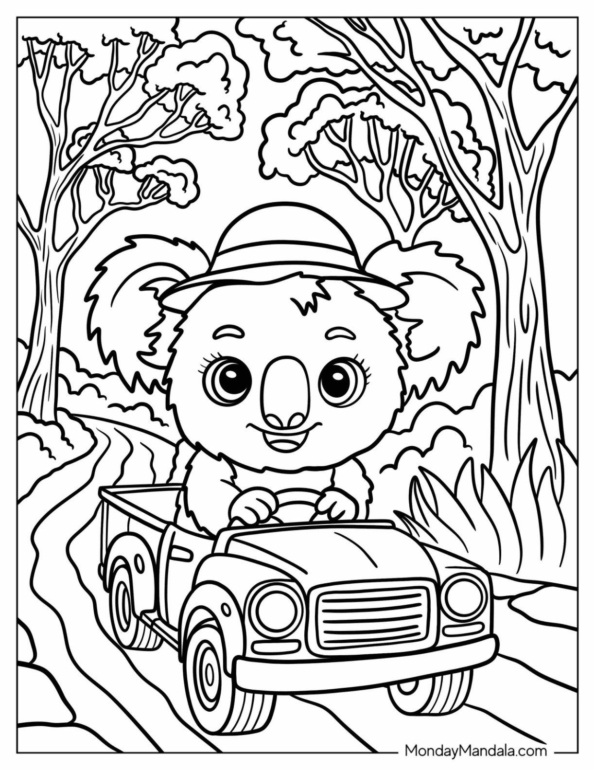 Pretty Koala Coloring Page with Hat Driving a Car in the Jungle