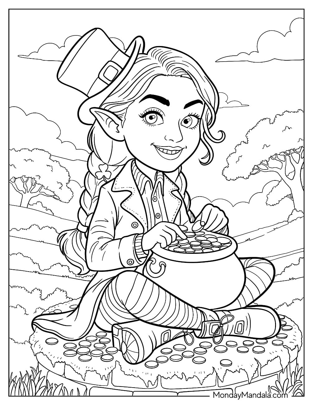Pretty Leprechaun Coloring Page Counting Gold Coins
