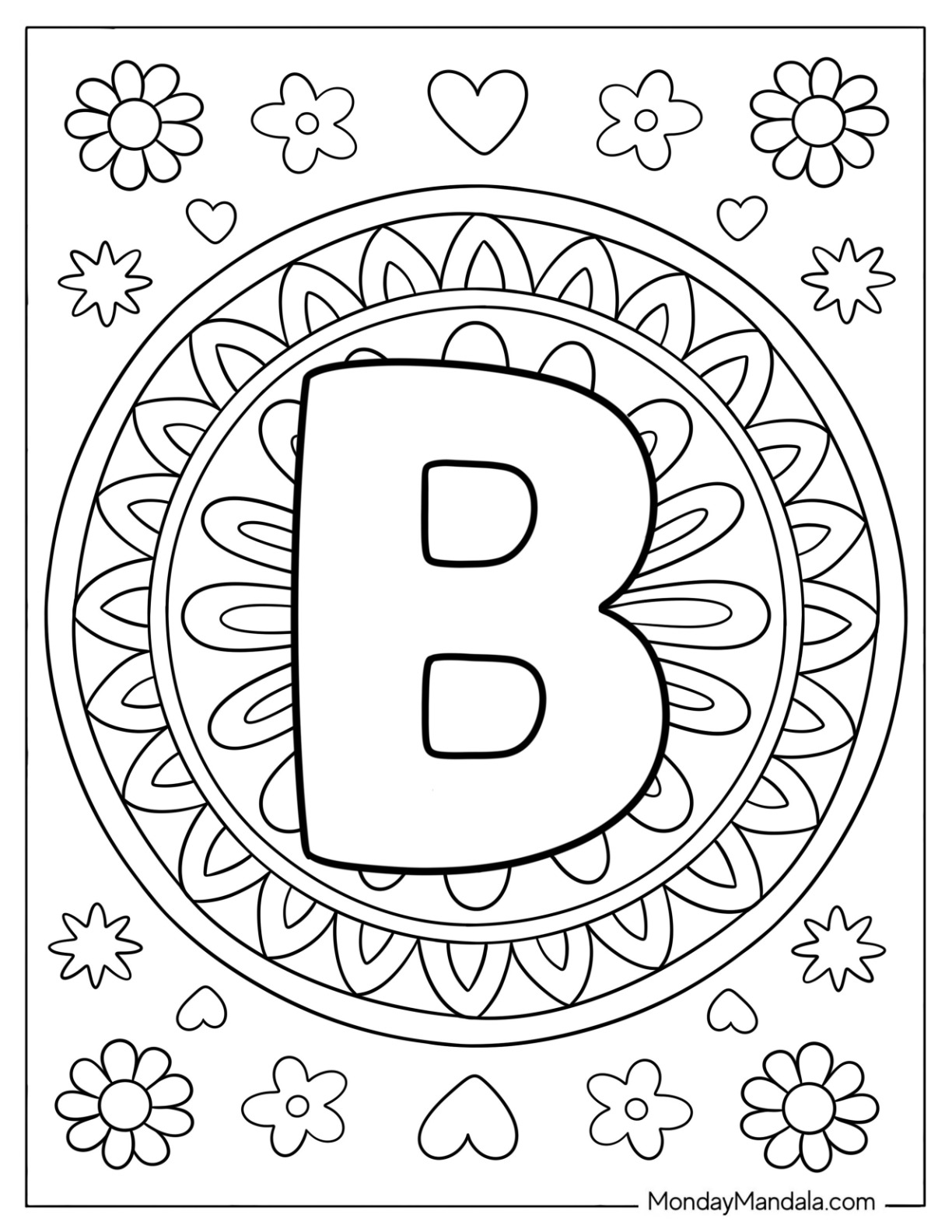 Pretty Letter B Coloring Page Mandala with Flowers
