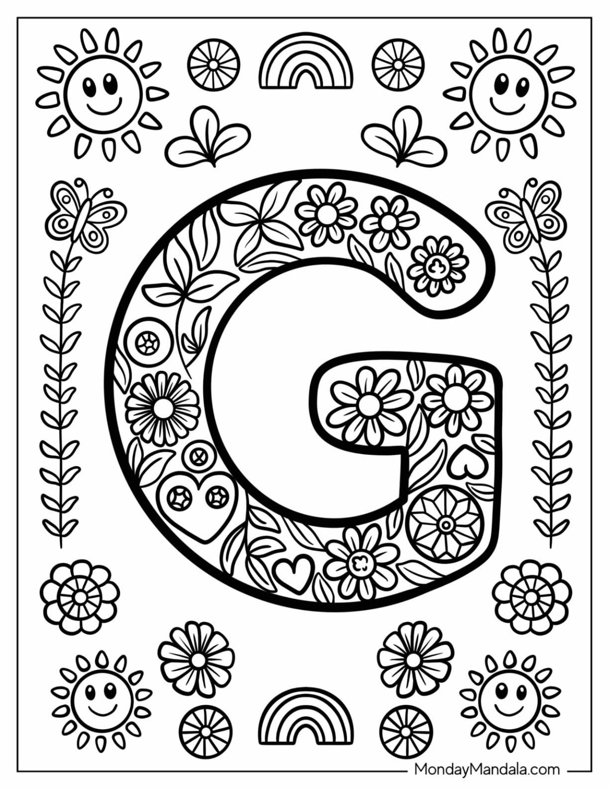 Pretty Letter G Coloring Page with Heart, Leaves, and Flowers