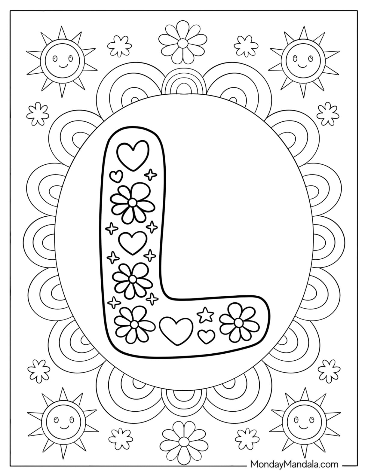 Pretty Letter L Coloring Page with Love Hearts, Flowers, and Sparkles for Kids