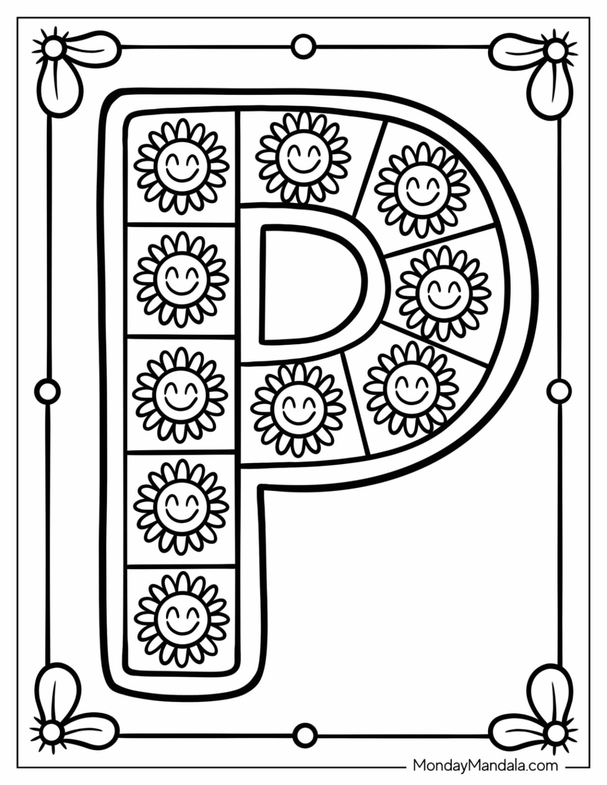 Letter P Coloring Page with Smiling Flowers