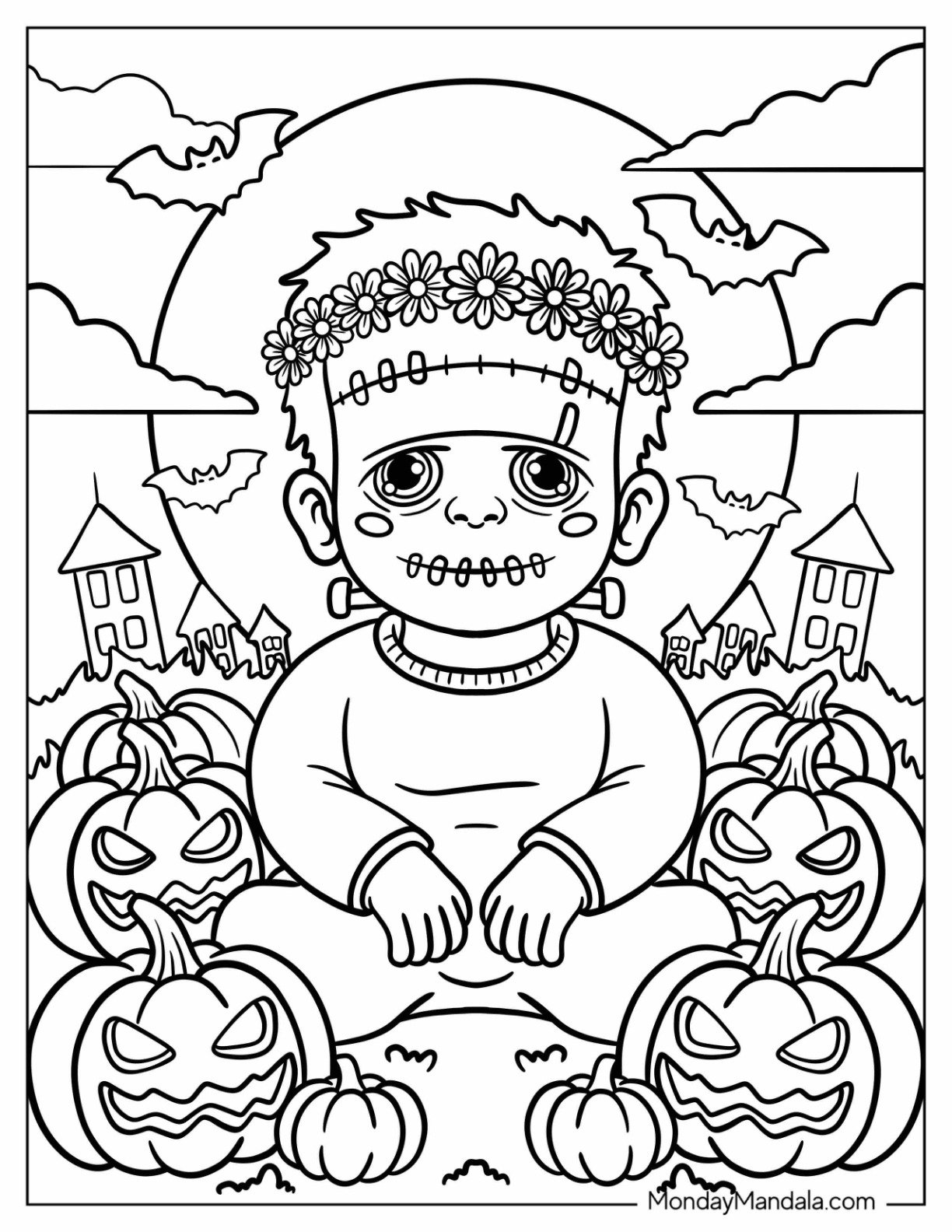 Pretty Little Frankenstein Coloring Page With Flower Wreath Sitting With Jack o Lanterns for Kids